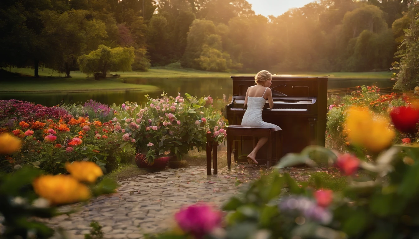 a person playing the piano in the middle of a garden, with colorful flowers, butterflies, and crystal clear water, 8k resolution.