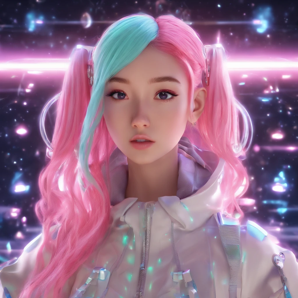 Anime Girl with pink hair and mint skin, white holographic clothing, young adult woman in her 20s, alien girl, straight hair and straight bangs with a half ponytail, Saturn and constellation background