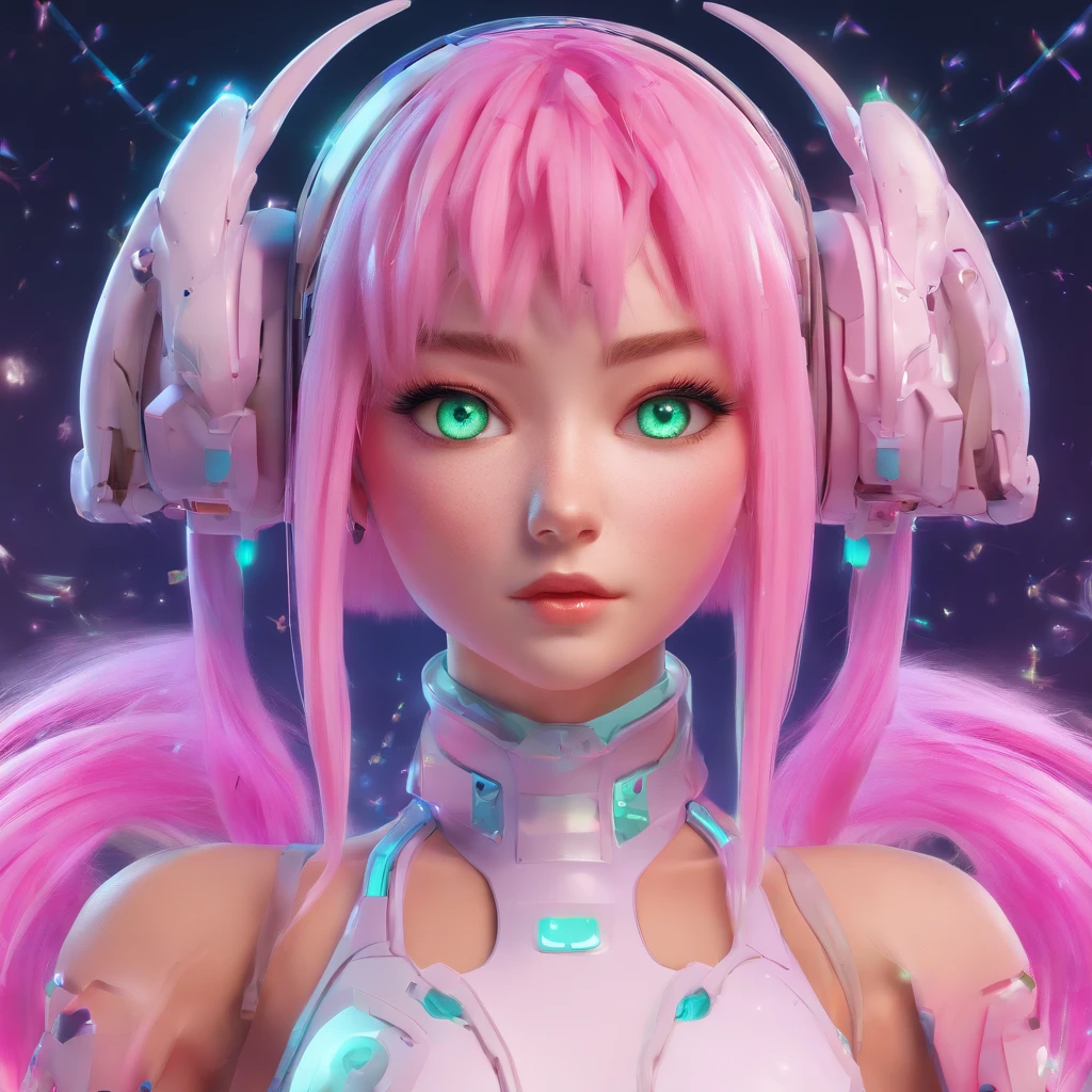 Anime Girl with pink hair and mint skin, white holographic clothing, young adult woman in her 20s, alien girl, straight hair and straight bangs with a half ponytail, Saturn and constellation background