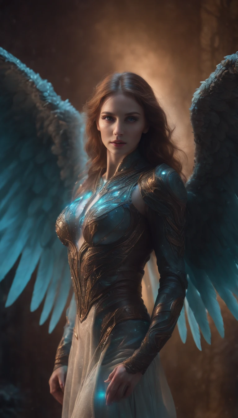 Cosmic Fallen Angel, glowing light eyes, Biomechanical, eerie, Creepy, nightmarish, Very bright colors, Light particles, with light glowing, Mshiff, wallpaper art, UHD wallpaper