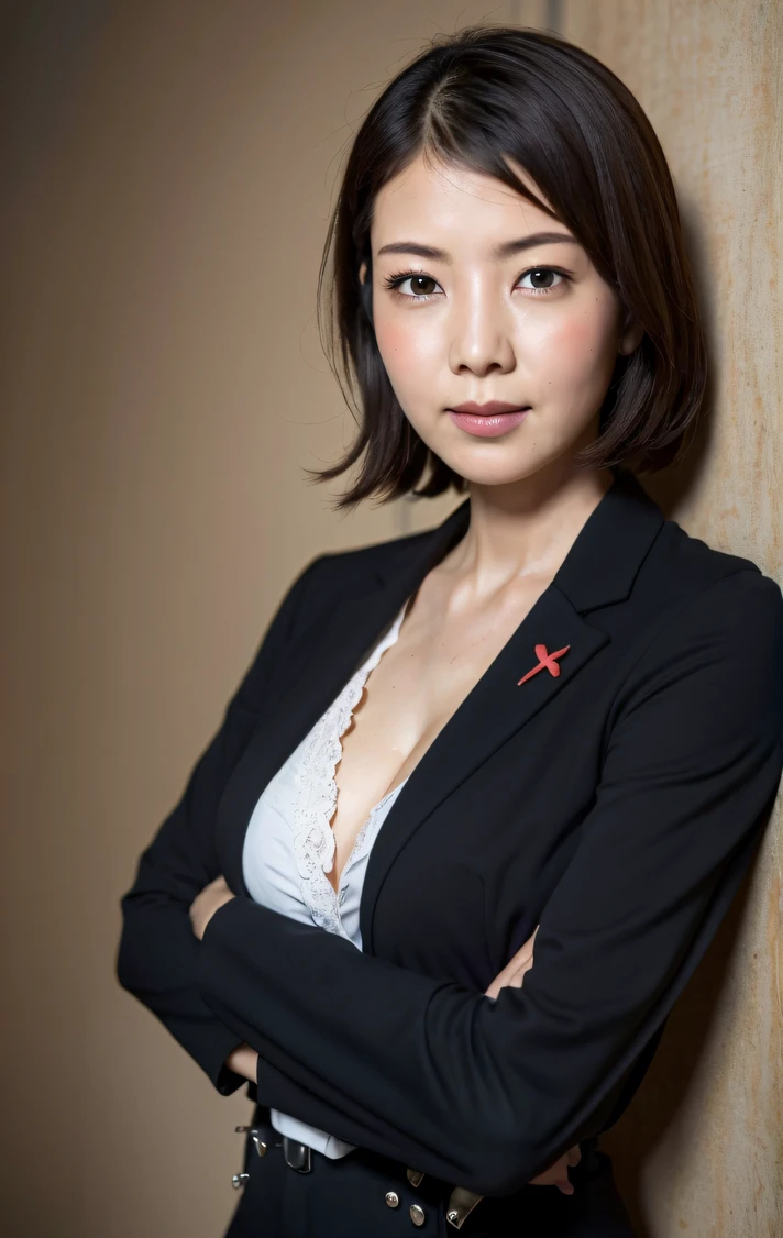 Highest image quality, outstanding details, ultra-high resolution, (realism: 1.4), ((close up:1, from below)), highly condensed 1 beautiful lady, with beautiful and a delicate face, perfect proportion, (chubby:0.4, big breasts, loose waist), (wearing cropped-crotch-glossy-racing-suit, Chastity Belt, pantie), (cross your arms), ((blushing:1)), background simple dark gray wall, cloudy sky,