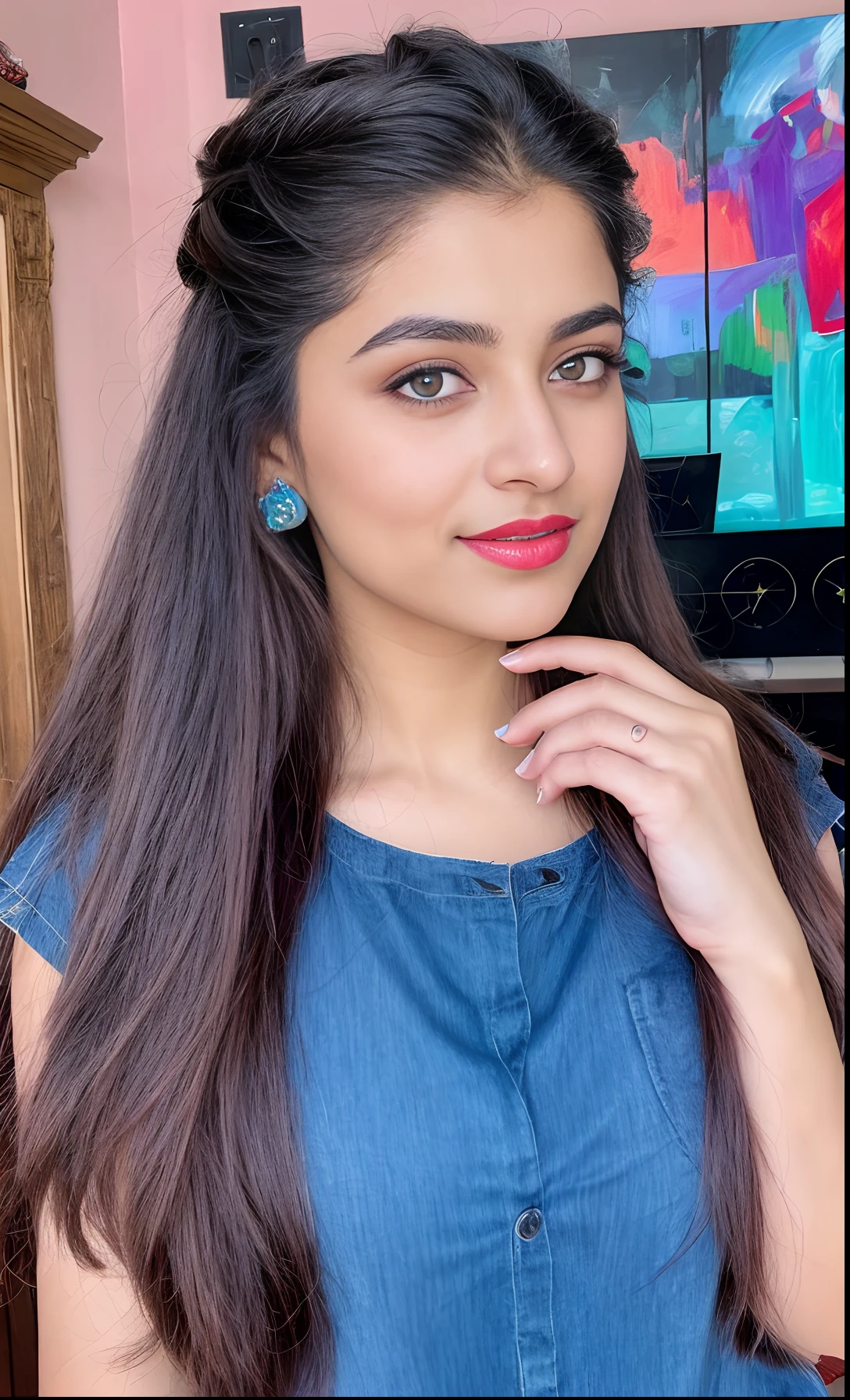 photo portrait of noor, wearing blue tip, outside on a sunny autumn day, looking at viewer, lense flare, (realistic eyes, symmetric face:0.8) (masterpiece:1.2) (photorealistic:1.2) (bokeh) (best quality) (detailed skin) (intricate) (8k) (HDR) (cinematic lighting) (sharp focus), big breast, big natural lips, dark red lips, sparkling day dreams eyes., 27 yo female noor