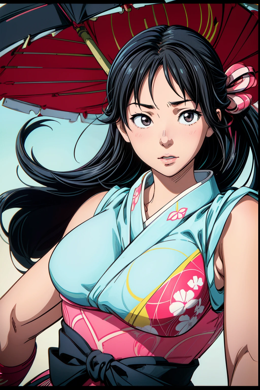 jpn_Big high school girl、komono,actionpose、Cheerfully、Overflowing、inked-art、((top-quality、8K、tmasterpiece:1.3))、(Clear focus:1.2)、(Comic book style),(Pop),(linear art_anime big breast)、(pastelcolor:1.2),((monotone_High-contrast art:1.2))、Flat chest、(the complex background:1.2),(Lola:Add more details:1.2)、clear silhouette、sharp lineart、Old Japanese cityscape background、Traditional Japanese pattern background、Bamboo
