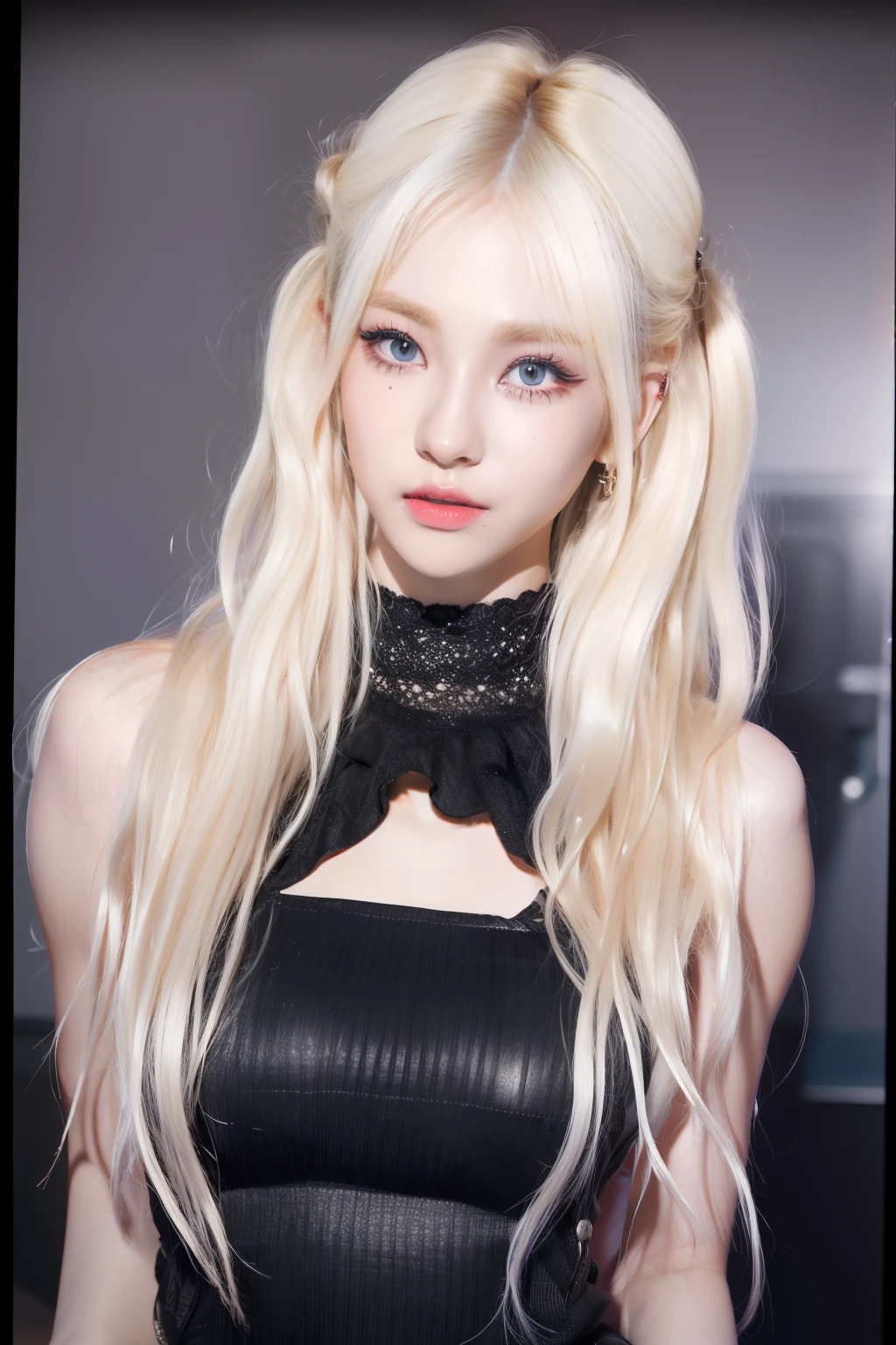 a close up of a woman with long blonde hair wearing a black dress, tifa lockhart with white hair, cruel korean goth girl, portrait of kim petras, pale porcelain white skin, long white hair and bangs, ulzzang, girl with white hair, pale goth beauty, lalisa manobal, with long white hair, extremely pale blond hair, pale hair