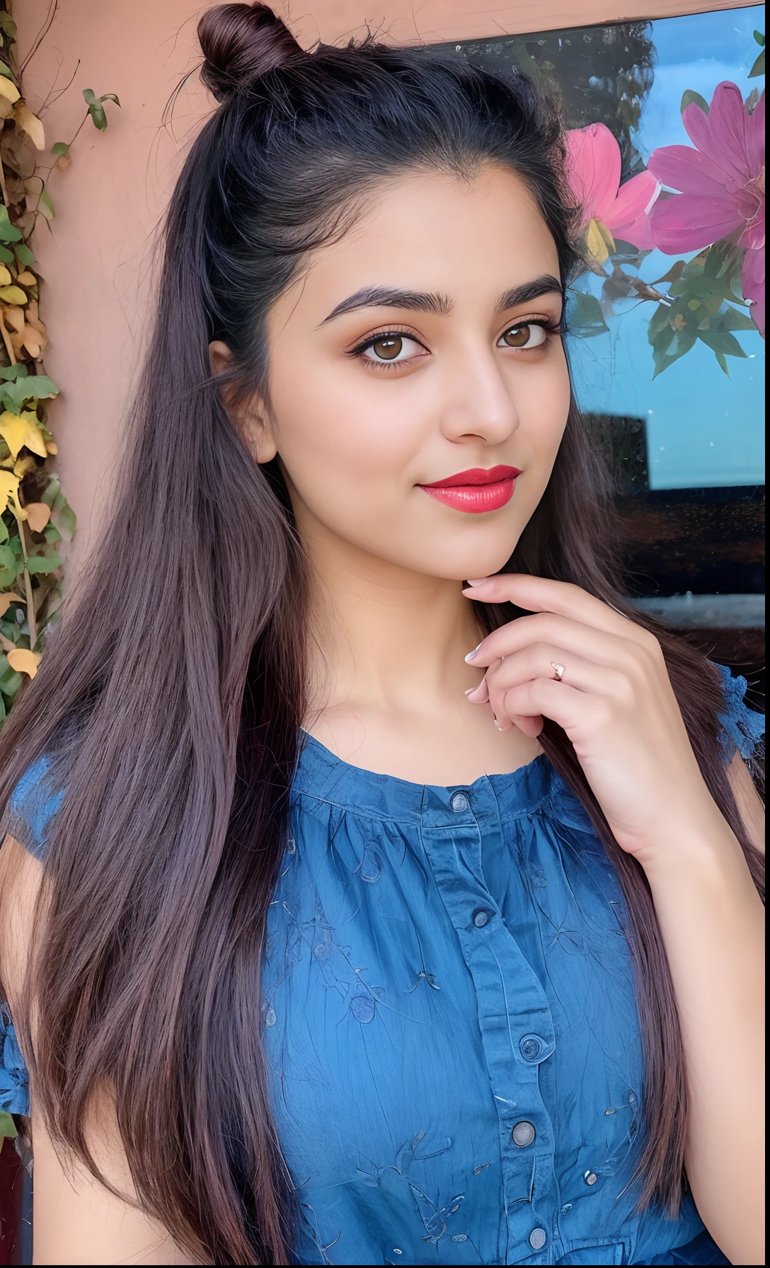 photo portrait of noor, wearing blue tip, outside on a sunny autumn day, looking at viewer, lense flare, (realistic eyes, symmetric face:0.8) (masterpiece:1.2) (photorealistic:1.2) (bokeh) (best quality) (detailed skin) (intricate) (8k) (HDR) (cinematic lighting) (sharp focus), big breast, big natural lips, dark red lips, sparkling day dreams eyes., 27 yo female noor