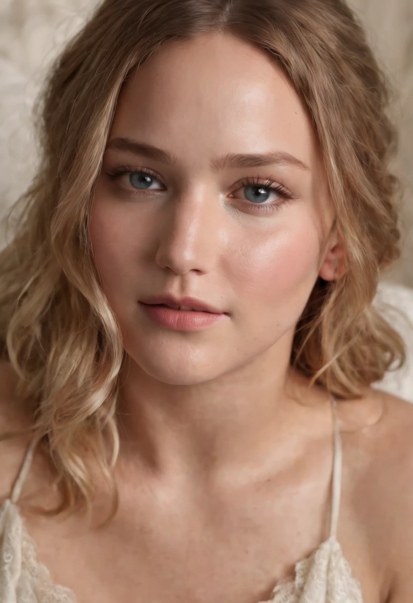 Jennifer Lawrence at age 20 in bed, piernas abiertas, pubic hair, ojos perfectos