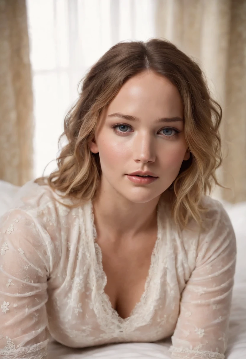 Jennifer Lawrence at age 20 in bed, piernas abiertas, pubic hair, ojos perfectos