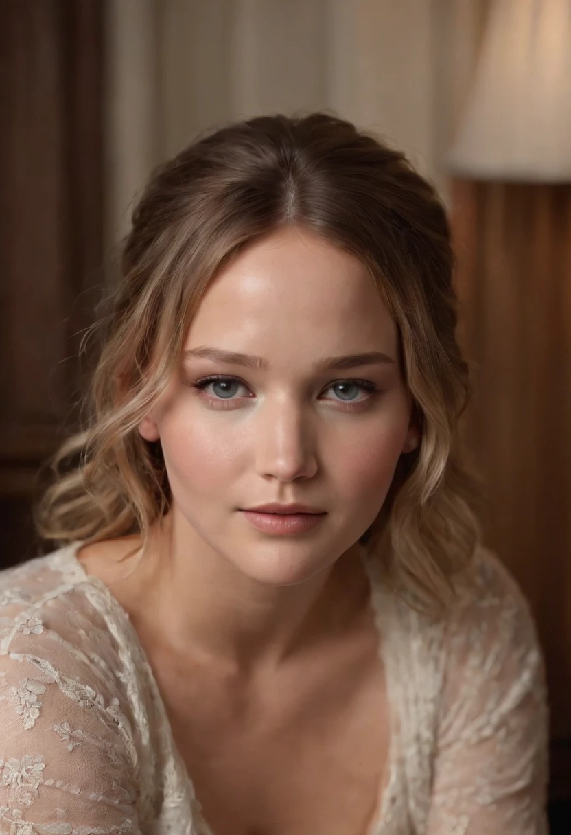 Jennifer Lawrence at age 20 in bed, piernas abiertas, pubic hair, ojos perfectos