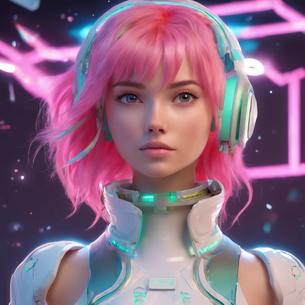 Girl with pink hair and mint skin, white holographic clothing, young adult woman in her 20s, alien girl, straight hair and straight bangs with a half ponytail, Saturn and constellation background, full body