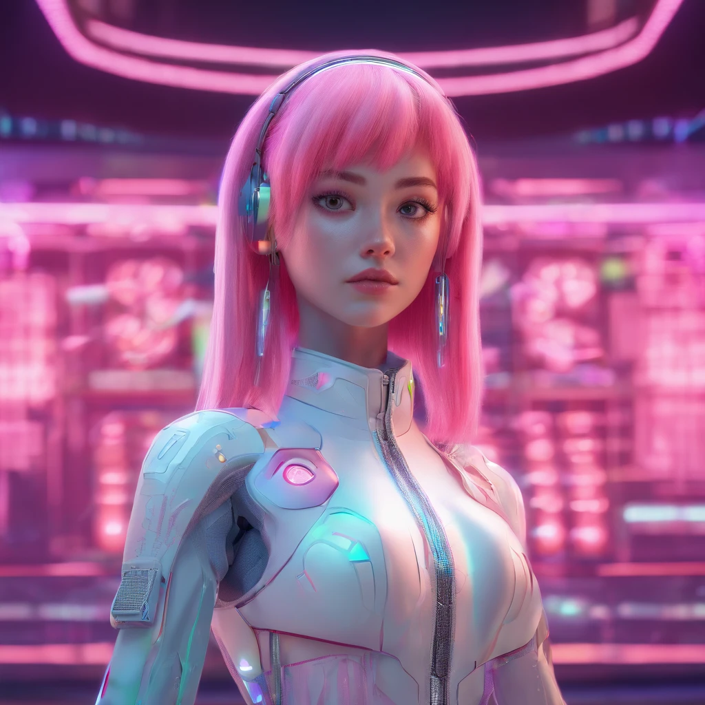 Girl with pink hair and mint skin, white holographic clothing, young adult woman in her 20s, alien girl, straight hair and straight bangs with a half ponytail, Saturn and constellation background, full body