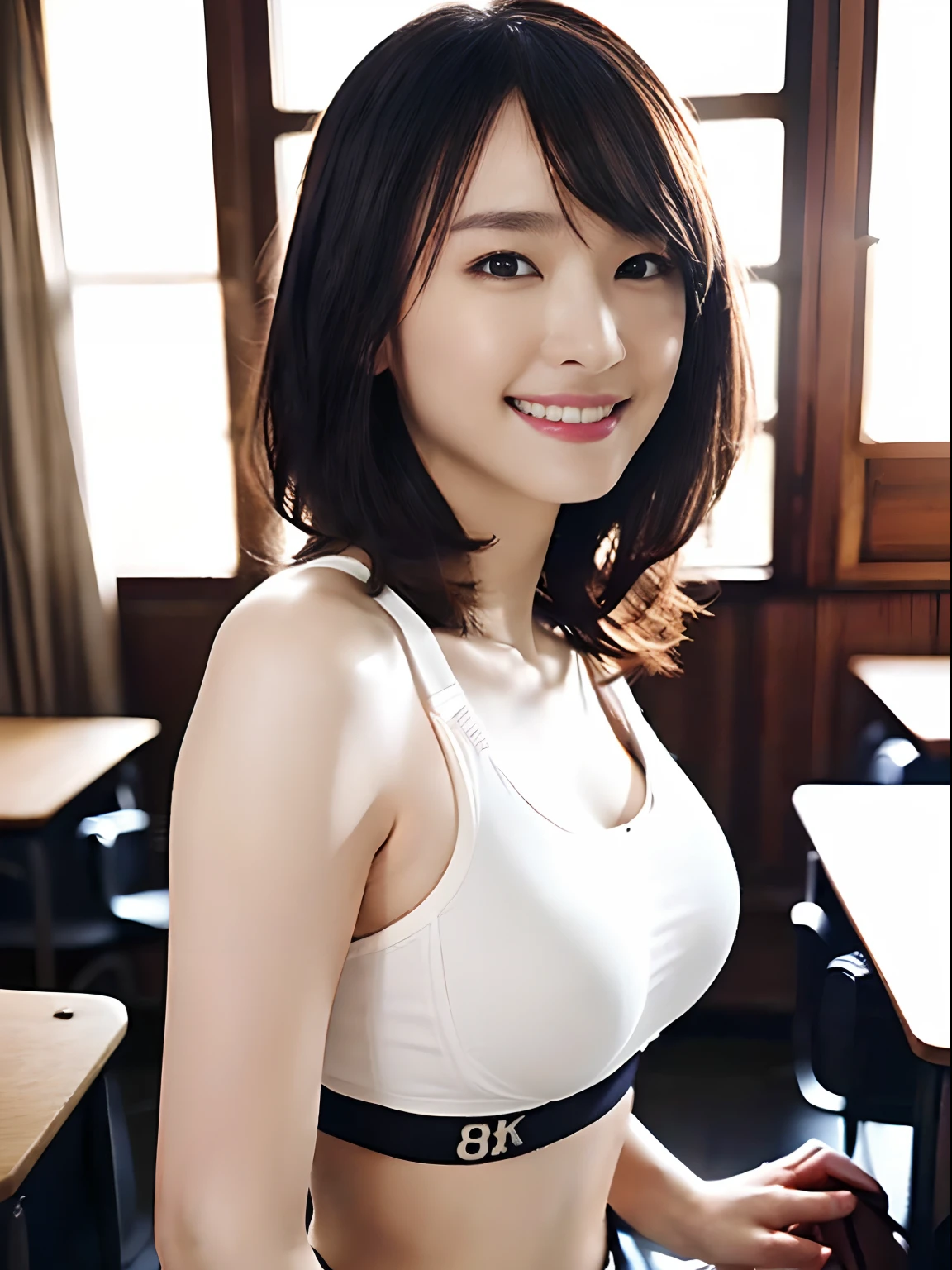 Nsfw,(8k, RAW photo, best quality, masterpiece:1.2), (realistic, photo-realistic:1.37), ultra-detailed, ultra high res,1 girl,looking at viewer,beautiful detailed face,smile,narrow,(slim waist:1.3),shirt,  beautiful detailed skin, skin texture, floating hair,professional lighting, ((8k, RAW photos, top quality, masterpieces), high-definition RAW color photos professional close-up photos, (realistic, photorealism: 1.37), (highest quality), (best shadows), (best illustrations), ((cute, beautiful, ultra high resolution, high-definition CG unified 8K wallpapers, physically based rendering, movie lighting), (aegyo sal:1), (1 Japanese girl),(a photo of Japanese girl 16 yo), (medium breasts), (young face), (random color sports bra), (random color bloomers), high school classroom, beautiful detail eyes, light on the face, ((cowboy shot: 1.2)), especially strong light, (upper eyes, grinning smile:1.2),shiny skin, (random hair style), ((random color hair)), (thick thighs), ulzzang-6500-v1.1:0.2, shy, (flash:1.2), ((seductive posture: 1.3, attractive: 1.2)), (idle), ((good anatomy: 1.2)), ((bright and refreshing classroom, background blurred: 1.2)), perfect face, cute face, (high angle shot:1.2,