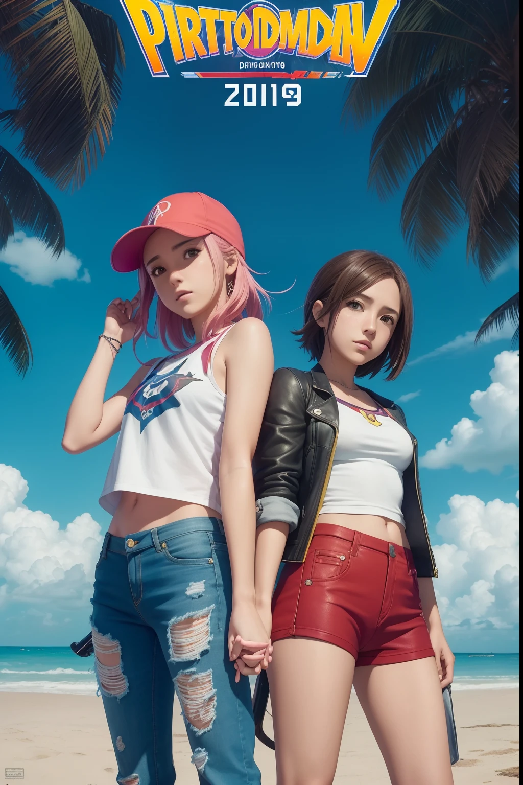 2 chicas, un par de chicas anime paradas una al lado de la otra, digimon key art, render naughty dog, veleros, anime 2019, Epic album cover, abismo, ropa casual de verano, makoto, piratas, Aesthetics 90 s, color page, Final fantasy, verano cielo despejado