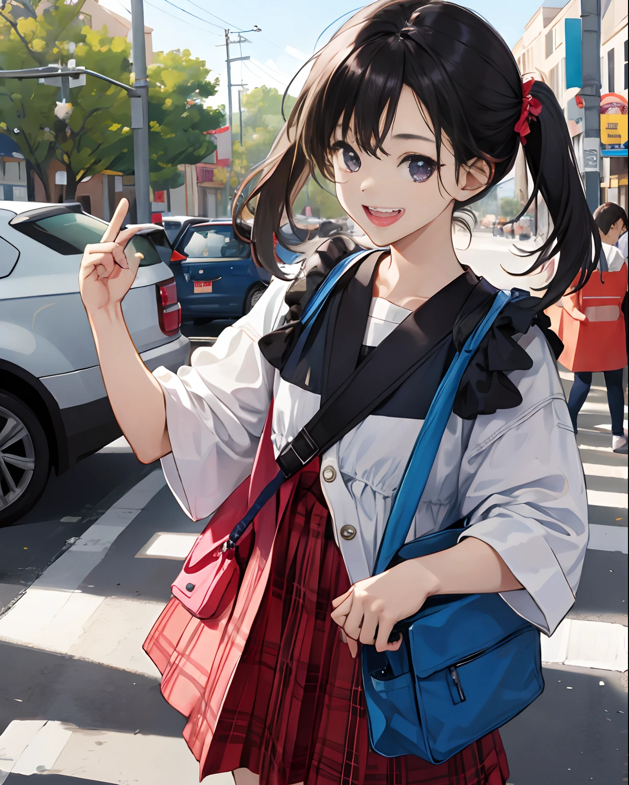 (8k),(masterpiece),(Japanese),(8--old l),((Innocent look)),((Childish)),From the front and above,smile,cute,Innocent,Kind eyes,Flat chest,No Bra,No Panties,No pubic hair, Nipples sticking out on clothes,Wet White Skin tight T-shirt,Short sleeve,Blue checked mini skirt,(Carrying a red backpack),semi-long,Hair blowing in the wind,Black Hair,Somewhat strong wind,noon,bright, lift skirt with hand