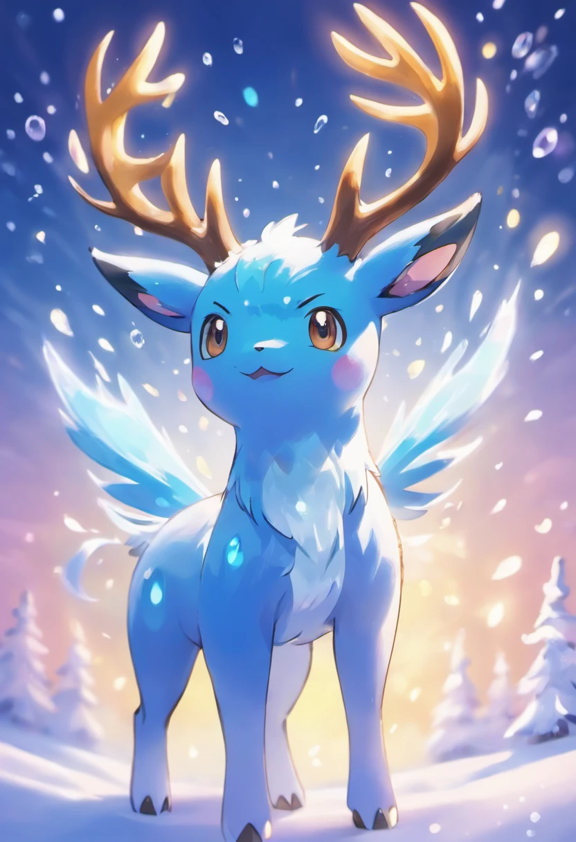 (a)unique,pokemon,antlers, (best quality),ultra-detailed, (realistic:1.37), (vivid colors), (bokeh), (HDR) blue in color, has frost powers