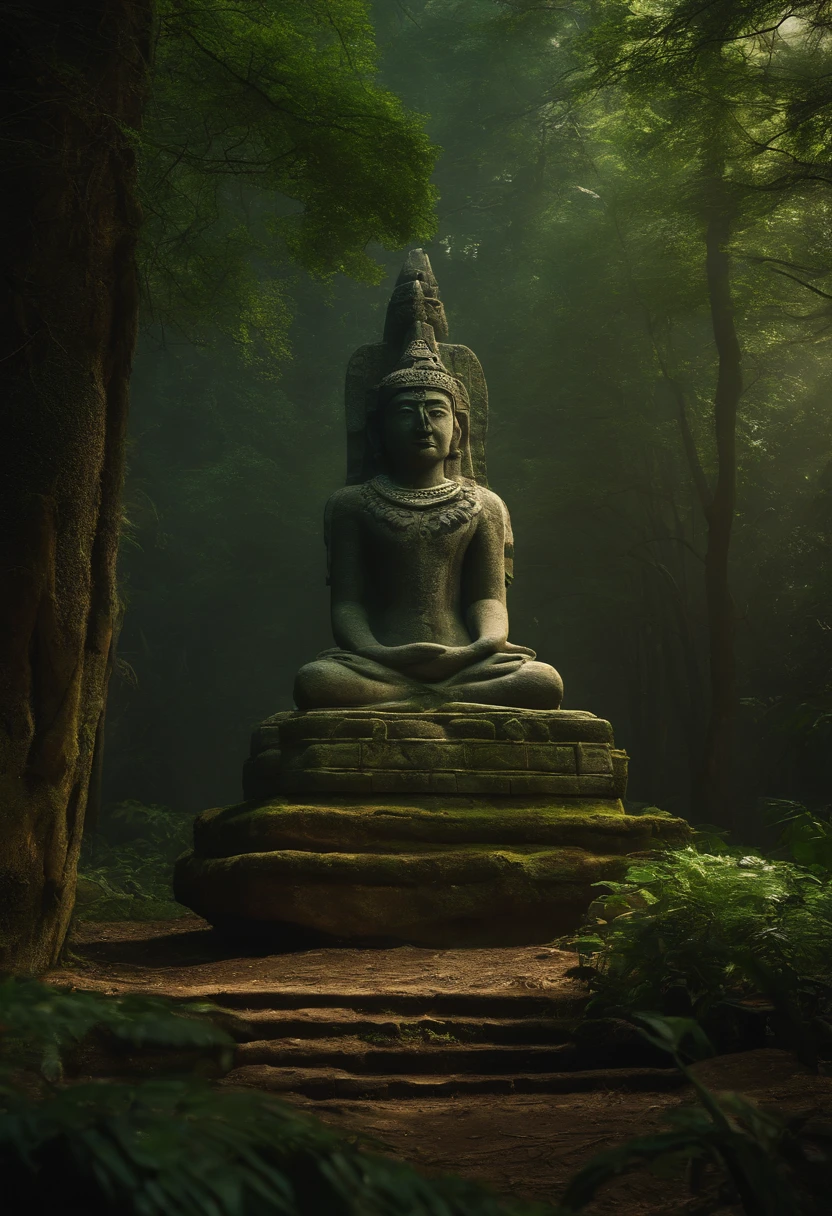 There is a stone statue in the middle of the forest, Unreal Maya, promotional movie still, author：Simon de Vlieger, 废墟, author：Victor Manuel García Valdés, aspect ratio 16:9, PS 3 graphics card, quetzal, cinematic Film still from, cinematic Film still from, Inspired by James Cardenhead