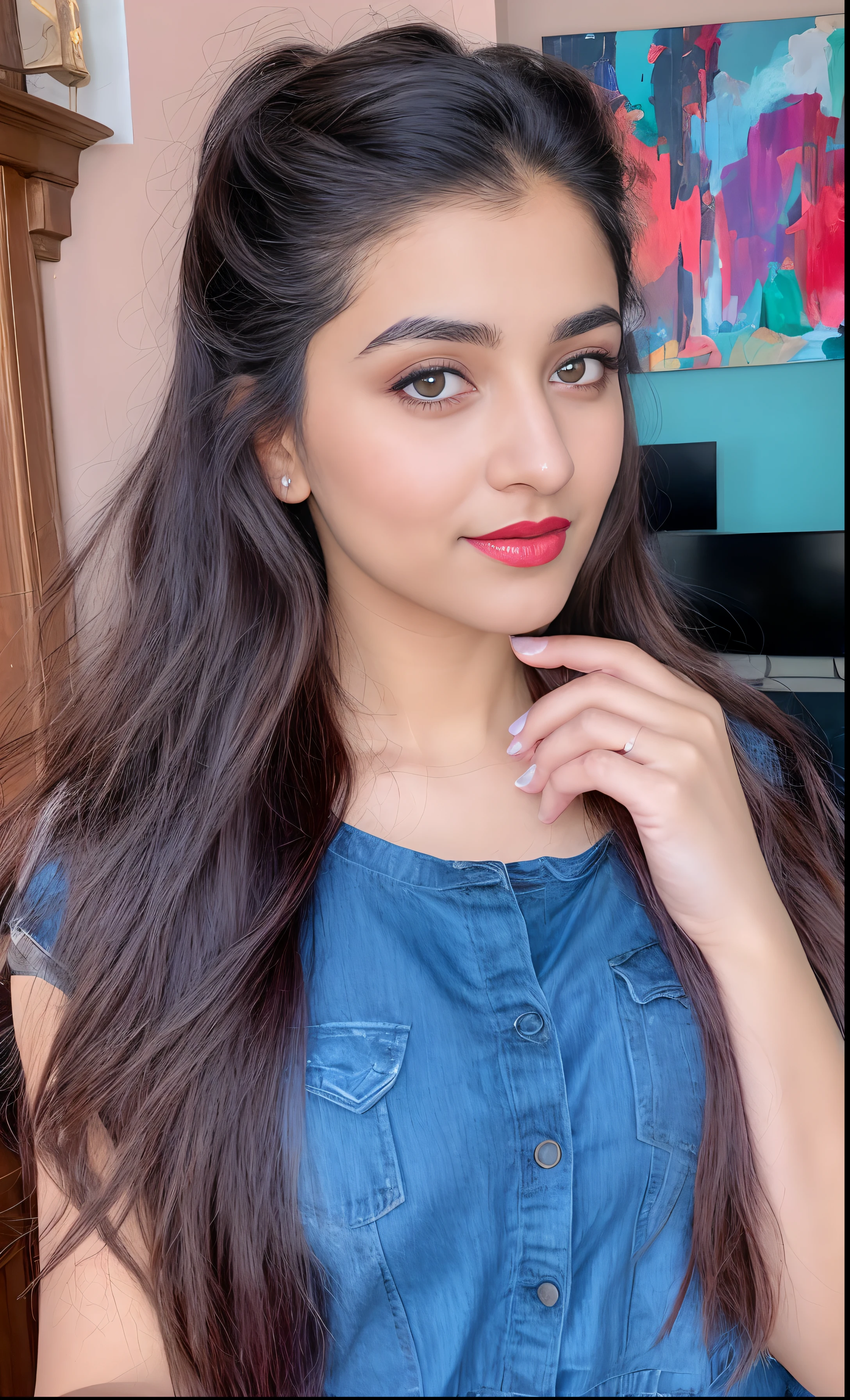 photo portrait of noor, wearing blue tip, outside on a sunny autumn day, looking at viewer, lense flare, (realistic eyes, symmetric face:0.8) (masterpiece:1.2) (photorealistic:1.2) (bokeh) (best quality) (detailed skin) (intricate) (8k) (HDR) (cinematic lighting) (sharp focus), big breast, big natural lips, dark red lips, sparkling day dreams eyes., 27 yo female noor