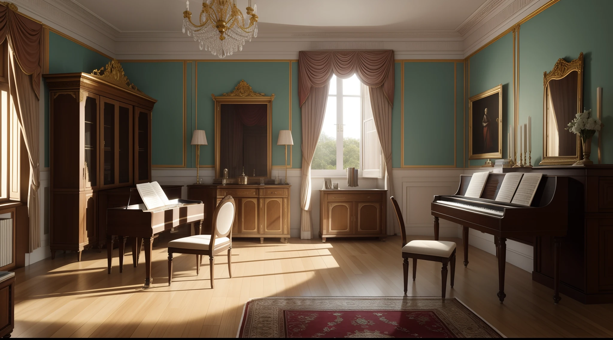 Classical Composer's Room, ue, 19th century, (Photorealsitic: 1.4), top-quality, ​masterpiece, ultra-detailliert, natural soft light