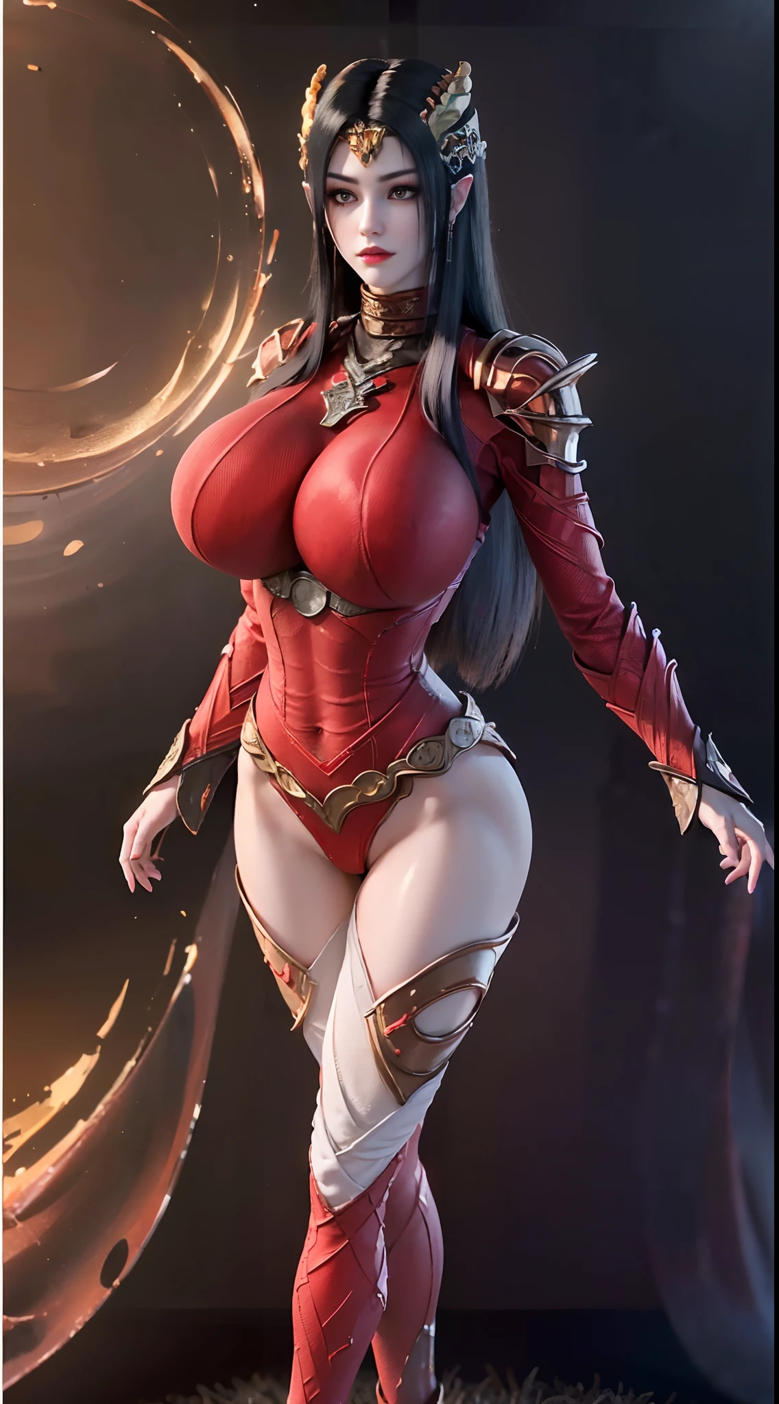 Solo, 1 Beautiful Female, Wuxia World, head ornament, (1 Girl), (full figure:1.5), (Full red golden Armor:1.4), (skintight leggings:1.5), (standing:1.3), (huge fake breasts, round breasts:1.5), (muscle abs:1.2), (black hair:1.5), (big buttock:1.1), (shiny skin:1.1), Chinese Immortal Wuxia, Lips, (jealous), Intellectual, Delicate Face, Masterpiece, Best Quality, High Quality, High Definition, High Quality Texture, High Quality Shadows, High Detail, Cinematic Light, Side Lighting, Ray Tracing, Sharp Focus, Realistic, Edge Light, (Detailed Skin Details: 1.2), 8k uhd, SLR, (soft light, high quality, high resolution:1.7), (very detailed CG unity 8k wallpaper)