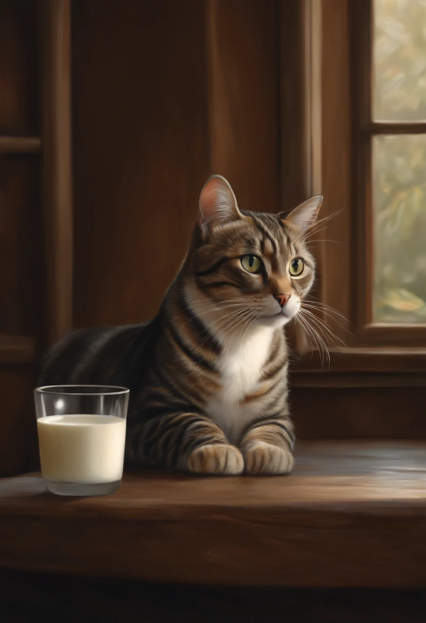 There is a cat sitting next to a glass of milk, gato bebendo leite, Illustration of 1 cat, ultra-realistic illustration, ultra-realistic illustration, hyperrealistic illustration, Um gato. Pintura realista, por Wayne England, realistic illustration, hyper realistic illustration, retrato, Close portrait, Hiper-realista premiado, Directed by: Lisa Milroy, Directed by: Galen Dara