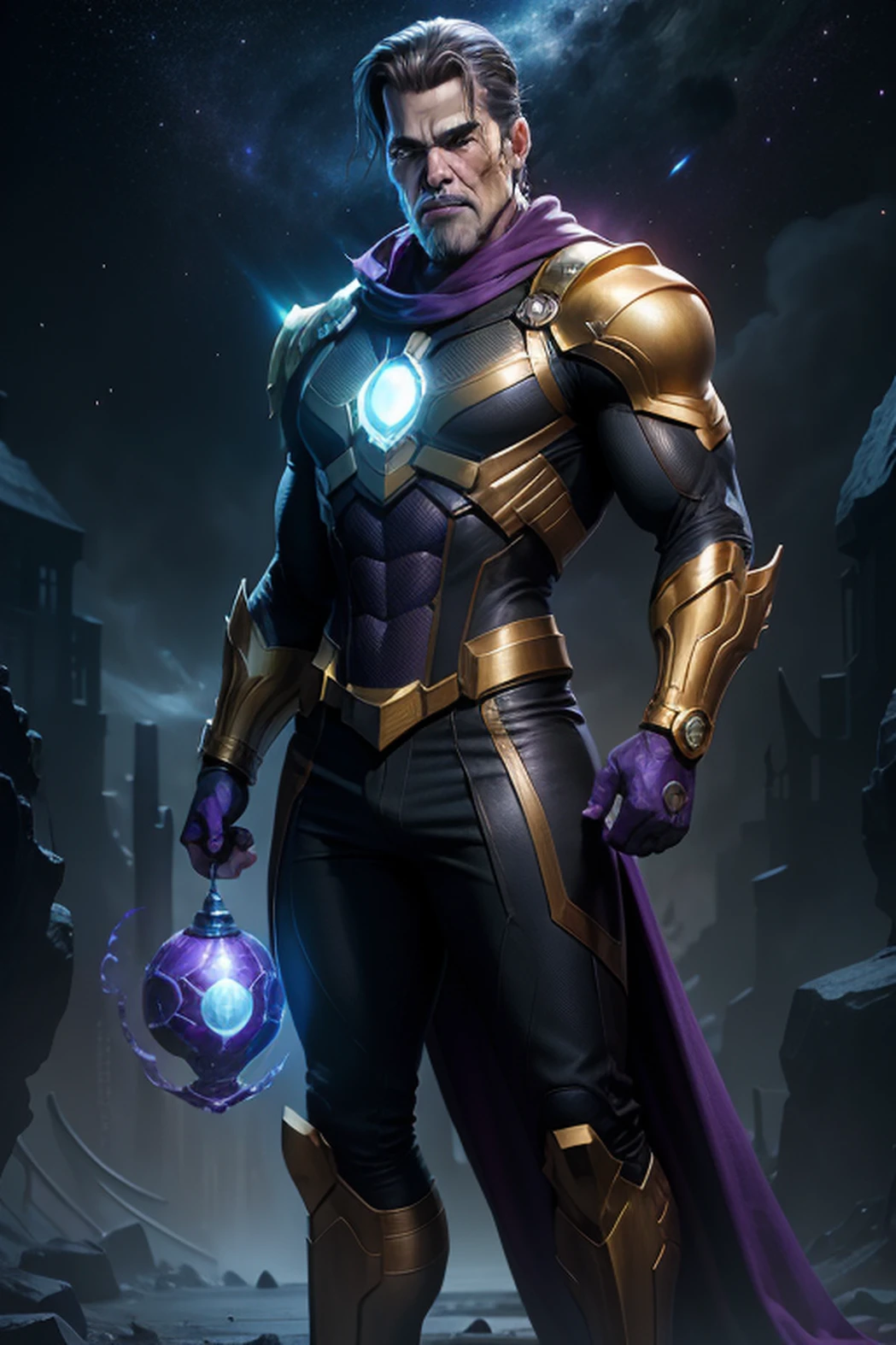 Thanos marvel comics lookalike actor Josh Brolin, talking to lady death, with the infinity gauntlet with the infinity stones, full body, mysterious background, dark, gloomy, 4k, corpses, cosmic space