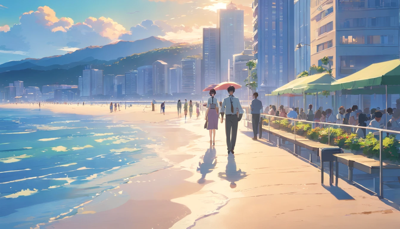 In the refreshing seaside square by the sea,Next to the seafront promenade,A team of security guards is on patrol。They are reflected in the calm waters。In the distance, Modern tall buildings stand。