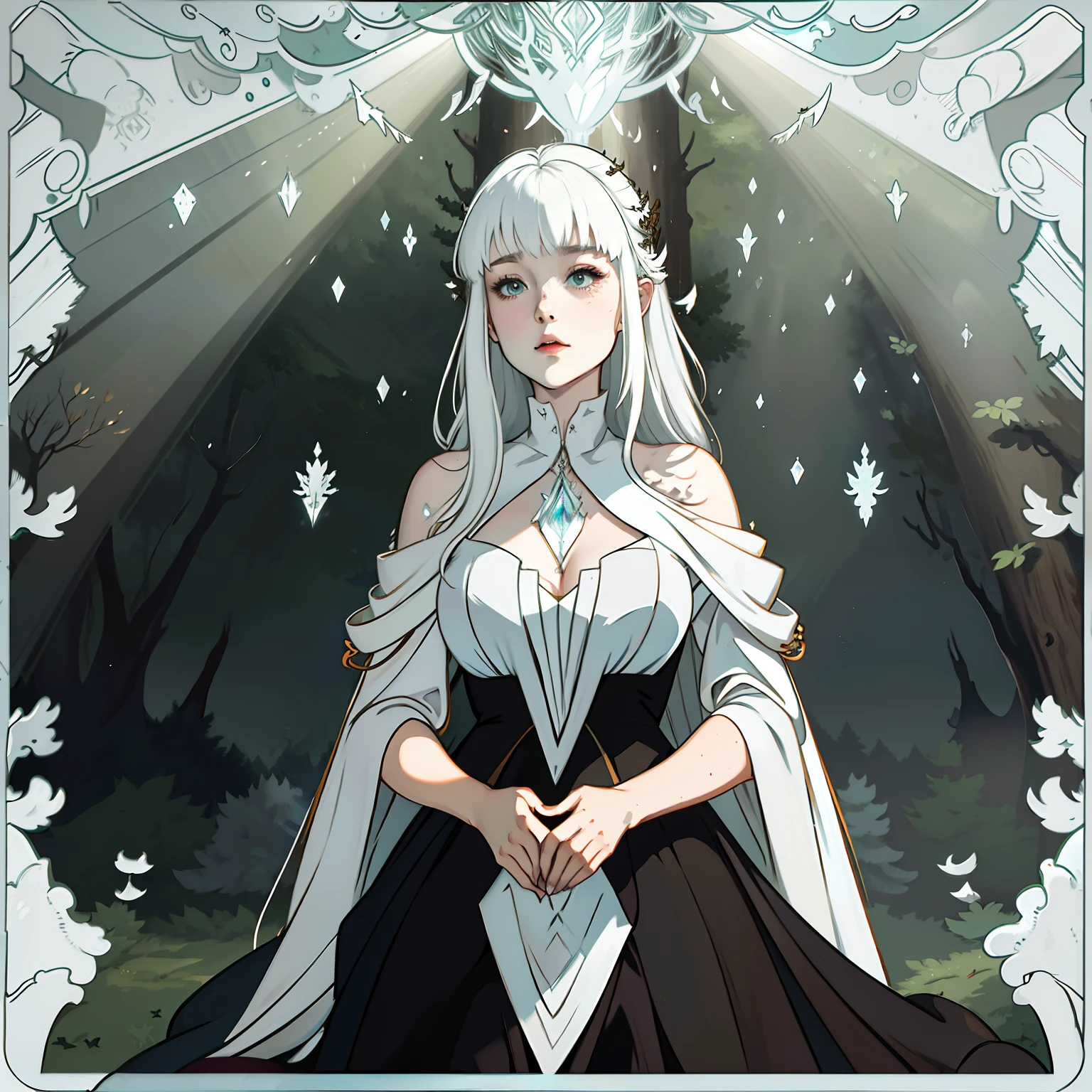 White-haired girl in secluded forest, A ray of sunlight penetrates the dense canopy, Cast an ethereal glow on the forest floor. Among the towering trees, The mysterious shadow seems to come to life, Whisper secrets to those who dare to listen. Capture the mysterious charm of these whispered shadows and the interplay between light and darkness in this mysterious setting.