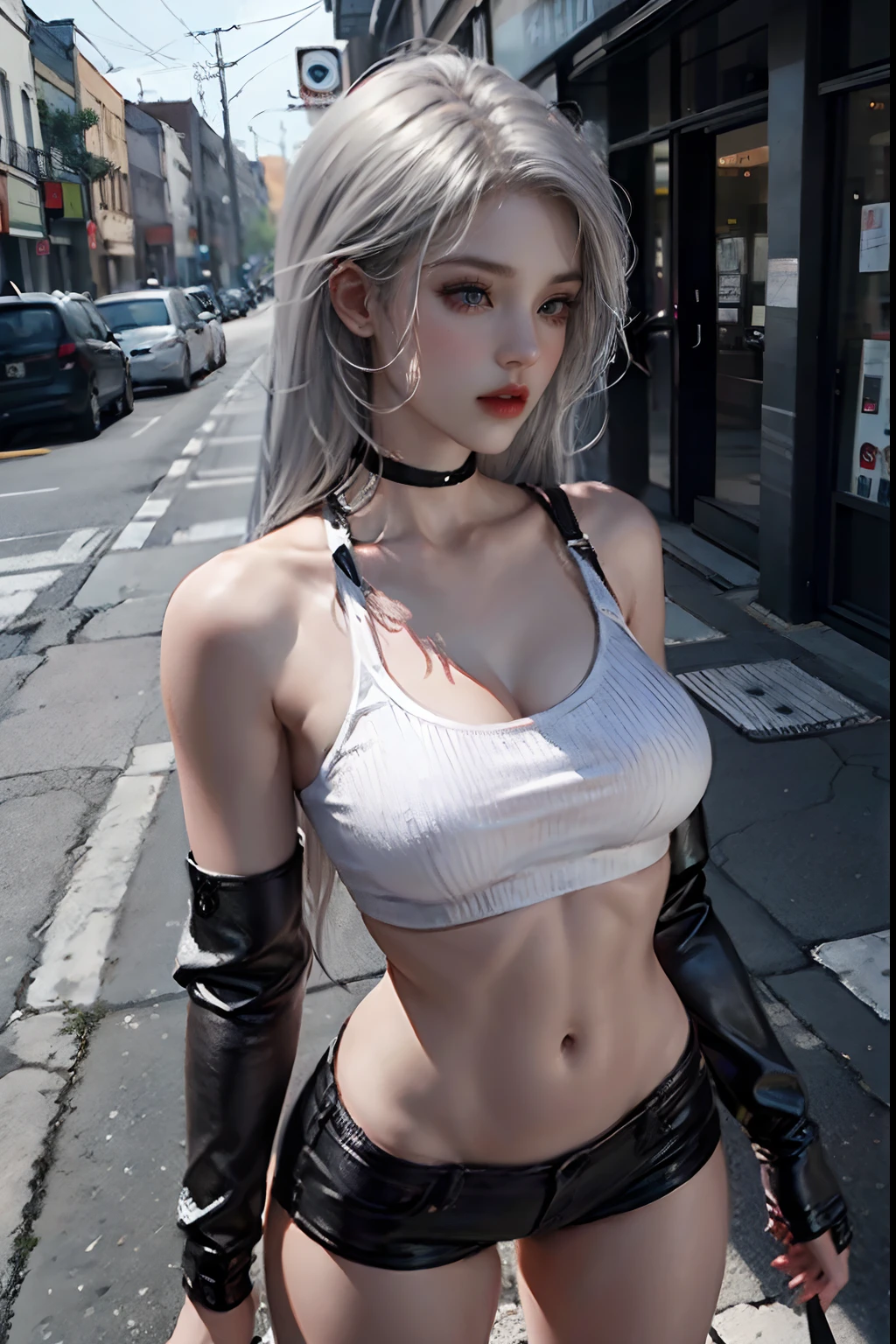 finely detailed beautiful eyes, overhead view, high quality, beautiful face, 1 woman, side view, side silhouete, wide shot, white crop top, leather short shorts, black shorts, oversized leather jacket, open shoulders, silver hair, large breasts, long hair, wide hips, leaning to the side, street, background, detailed background, abs