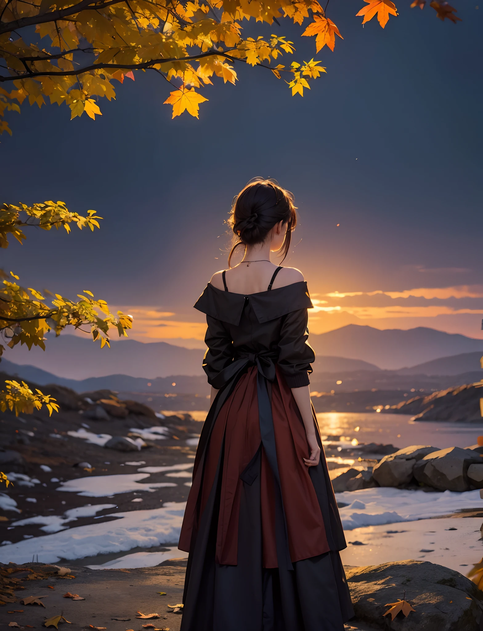 Lonely back on a night with autumn leaves