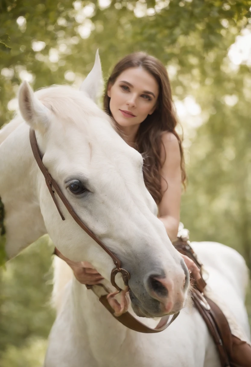 Woman with four legs，White Centaur Girl，White centaurs，The upper body of a person is connected to the torso of a horse，Four-legged centaur，in a panoramic view，Faraway view，Full body like，4K