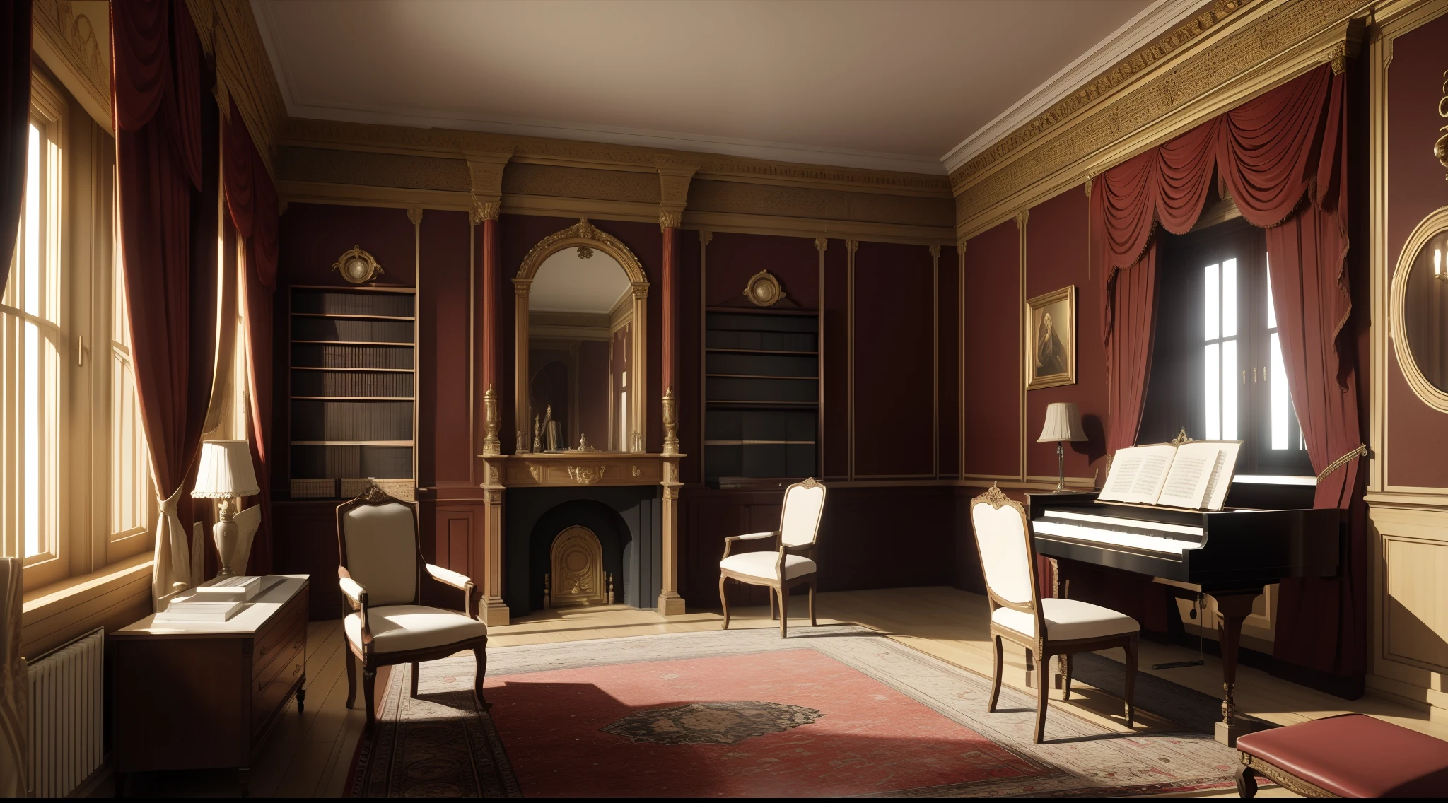 Classical Composer's Room, ue, 19th century, (Photorealsitic: 1.4), top-quality, ​masterpiece, ultra-detailliert, natural soft light