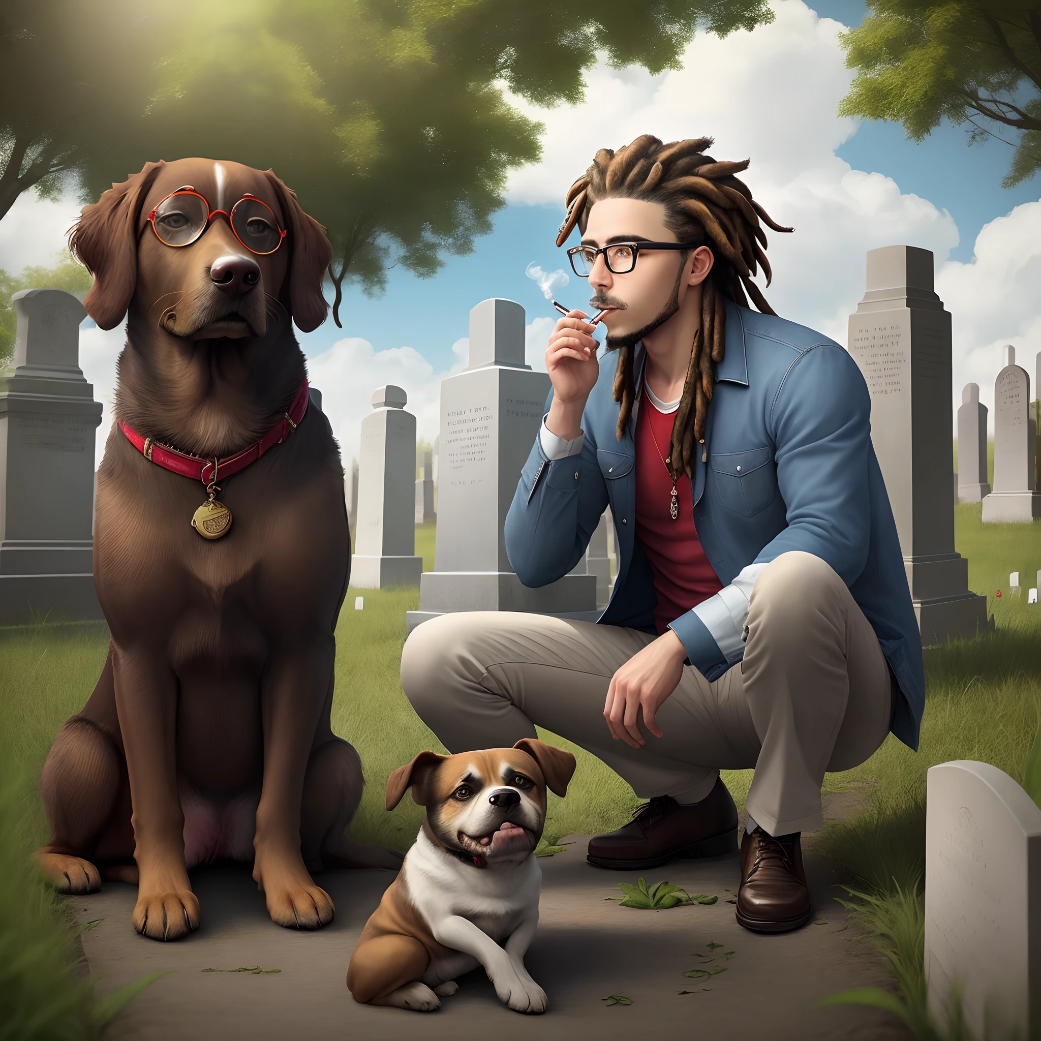 Create a realistic image of a bespectacled man smoking with Rastafarian ????????? hair in a cemetery with a dog on the side