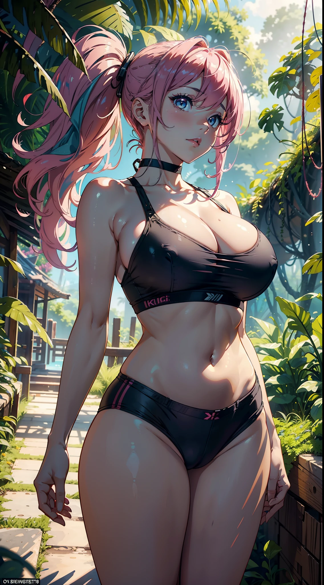 1female,head to thighs image scope, 25yo,熟妇,noodle,long legs,Big breasts Thin waist,the super hot and sexy,gigantic cleavage breasts,Pornographic exposure, 独奏,(Background with:ln the forest,the rainforest,in summer), pink hair with pigtails hairstyle,brazilian blowout hair, standing on your feet, smooth skin, seen from the front, curlies, mostly cloudy sky,(((tmasterpiece),(Very detailed CG unity 8K wallpaper),best qualtiy,cinematic lighting,detailed back ground,beautiful detailed eyes,Bright pupils,(Very fine and beautiful),(Beautiful and detailed eye description),ultra - detailed,digital artistic masterpiece,)),facing at camera,A high resolution,ultra - detailed, Bulge,Camel toes,Raised sexy,Flushed complexion, frontage,(Wearing: yellow sports bra, Erotic denim shorts), foliage background