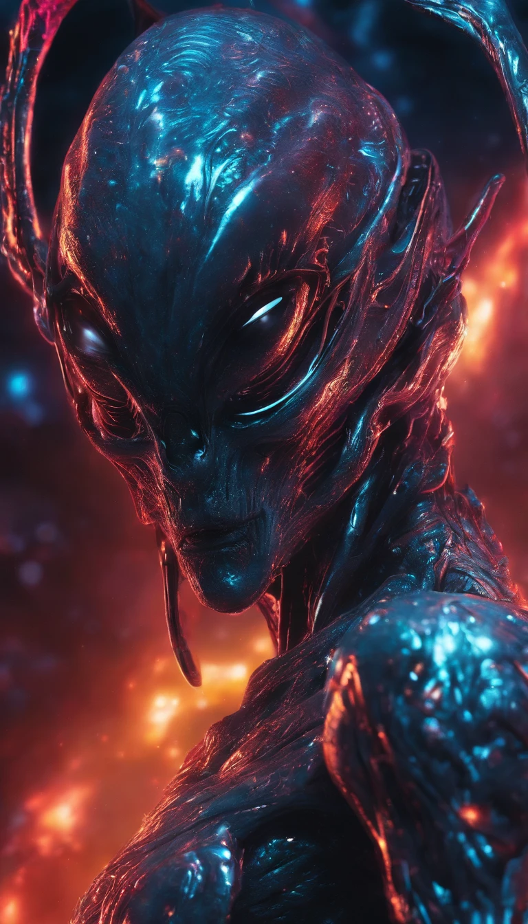 Cosmic Fallen Angel, glowing light eyes, Biomechanical, eerie, Creepy, nightmarish, Very bright colors, Light particles, with light glowing, Mshiff, wallpaper art, UHD wallpaper,8k hyperrealistic resolution
