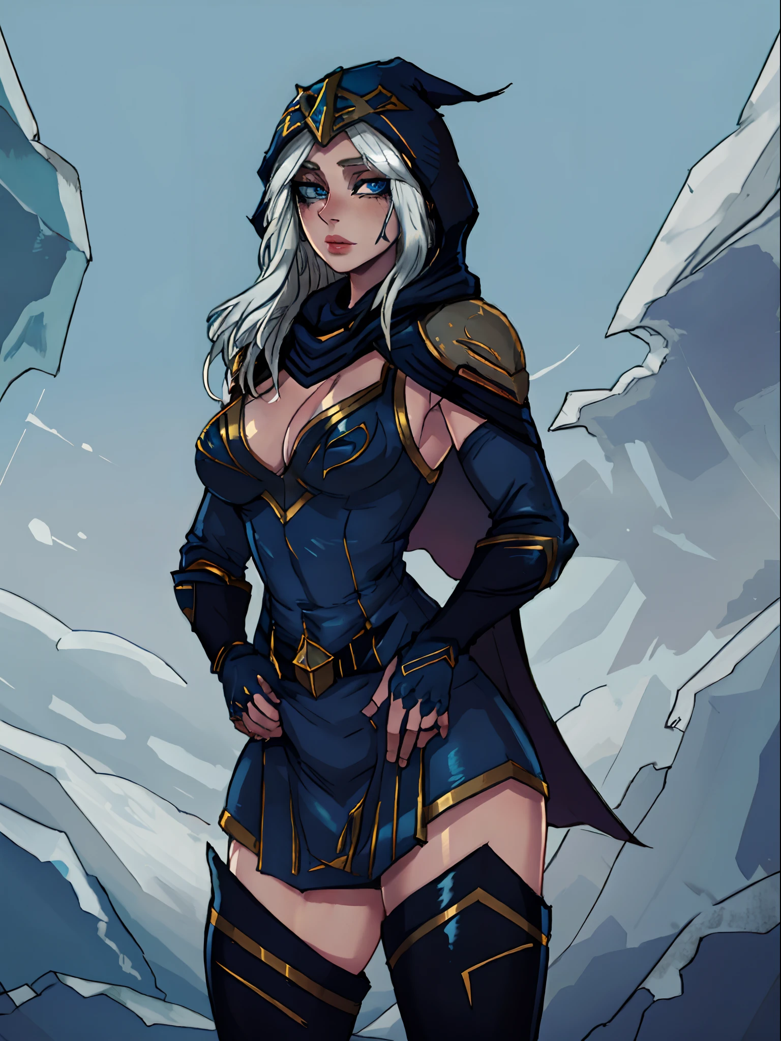 tundra, ashe \(league of legends\), 1girl, cowboy shot, looking at viewer, hand on hips, blue eyes, breasts, cape, dress, gloves, hood, league of legends, long hair, short dress, solo, thighhighs, white hair, bandages, masterpiece, best quality, face portrait, detailed