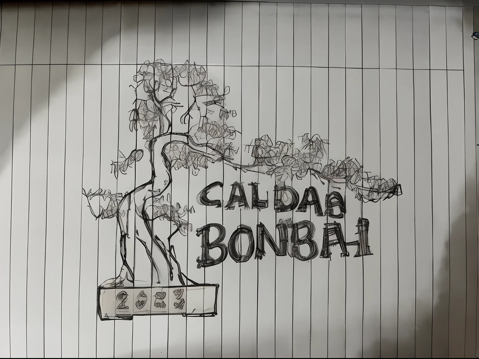 Drawing of a tree with a sign that says Caldas Bonsai, bonsai, desenho, feito de bonsai, inspirado em Yoshida Hanbei, inspired by Óscar Domínguez, Arte conceitual 2022, 256x256, 2 5 6 x 2 5 6, galactic bonsai, posuka demizu |