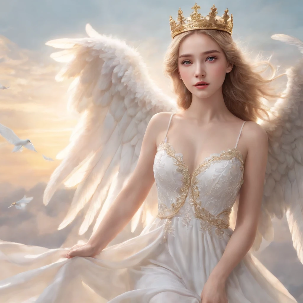 masterpiece, best quality, realistic, 8k, Wearing a crown on the head、Young and Beautiful、Flying in the sky、Breasts are big and sexy、blond hair, blue eyes, At Fed Necklace with Wings, wearing white elegant dress, angelic wings on her back, Beautiful Angel, full - body majestic angel, a beautiful female angel, anime goddess, of beautiful angel, guweiz, by Yang J, young wan angel, Angel Girl, of an beautiful angel girl, guweiz masterpiece, angel knight girl, Trending on CGSTATION、her face is european young girl,