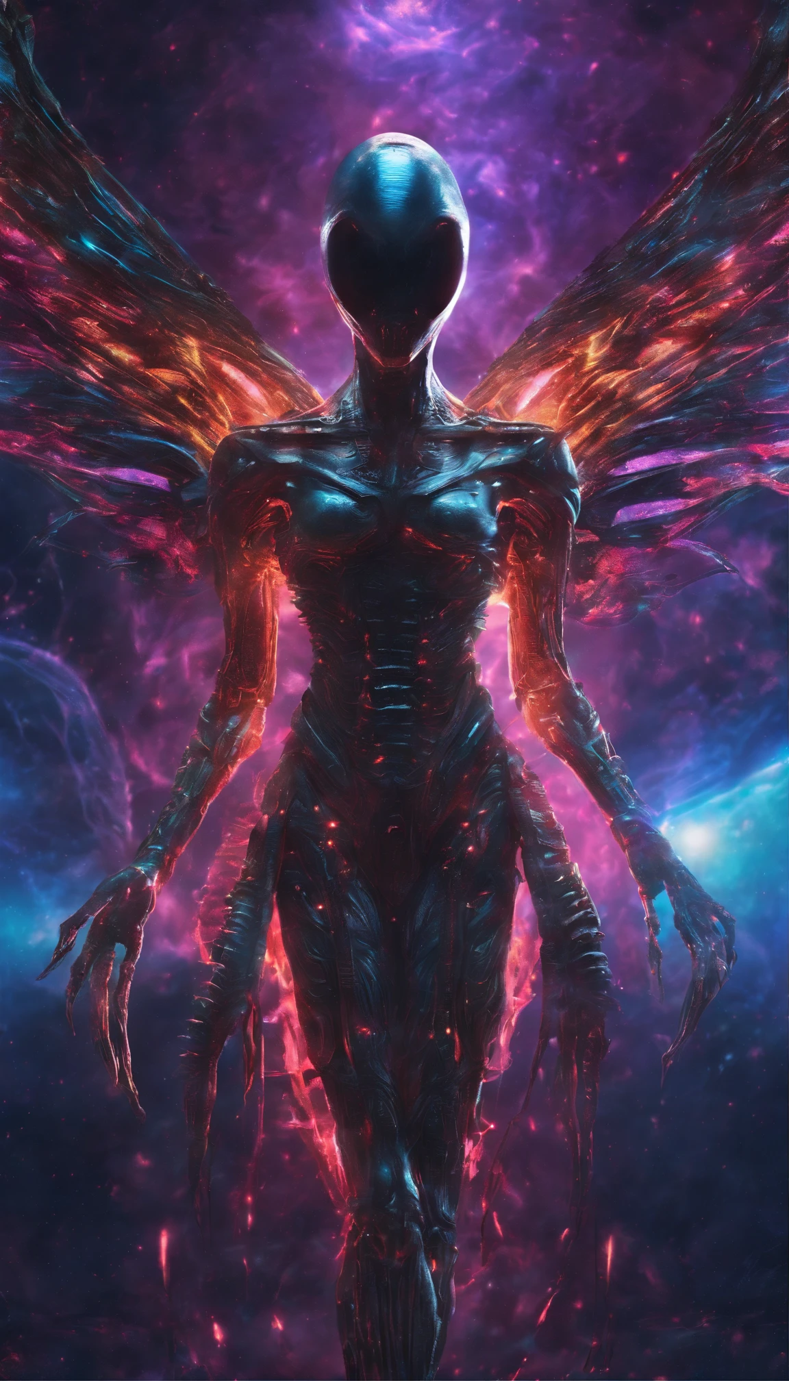 Cosmic Fallen Angel, glowing light eyes, Biomechanical, eerie, Creepy, nightmarish, Very bright colors, Light particles, with light glowing, Mshiff, wallpaper art, UHD wallpaper,8k hyperrealistic resolution