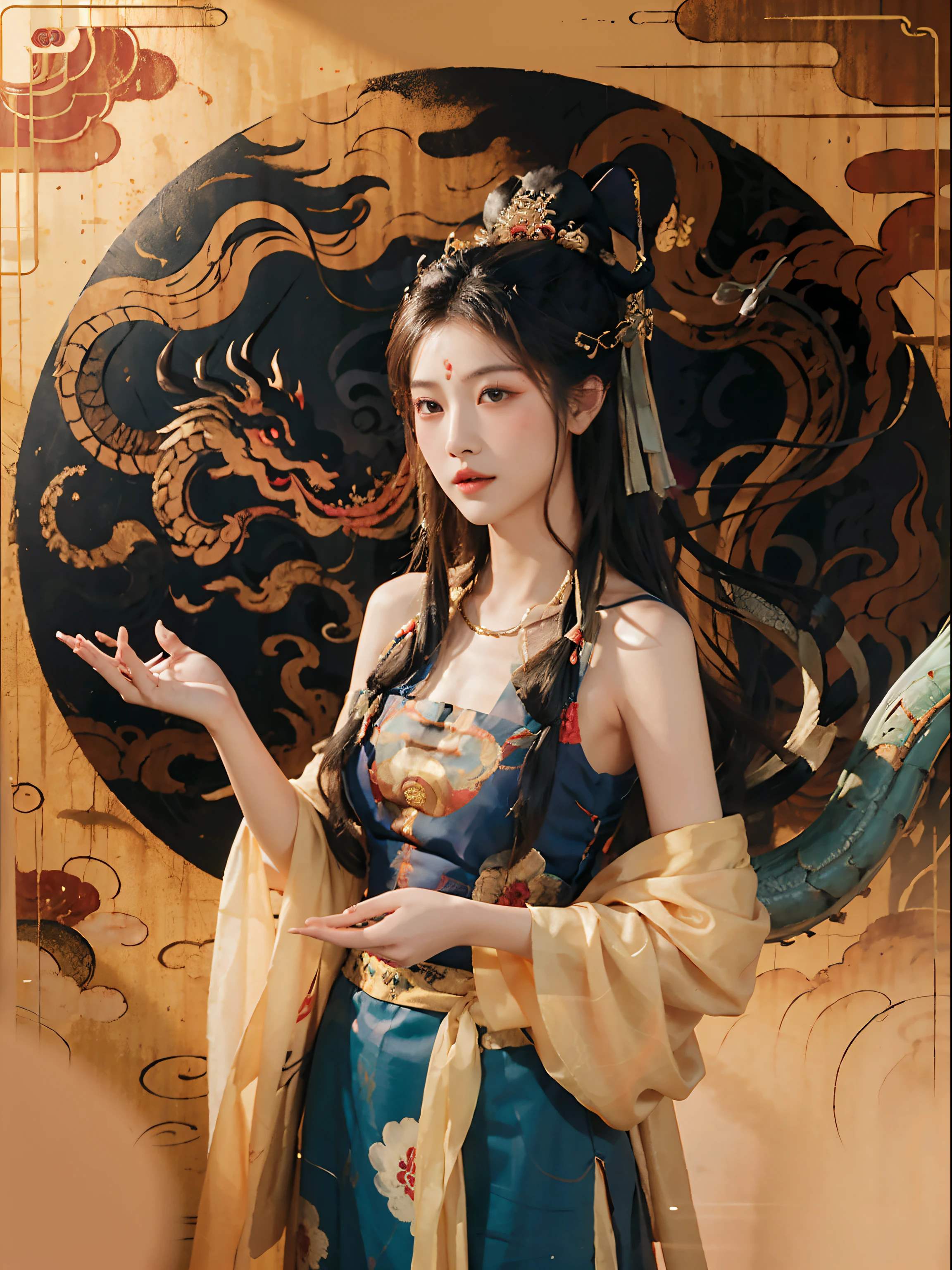 masterpiece, traditional chinese ink painting, 1 girl, long hair, look at viewer, tease, Spirit, loong, dunhuang_style, dunhuang_cloths, UHD  Dragon horn, A dragon is flying, 4k, best quality, super detail, award winning, high quality, best quality, high details