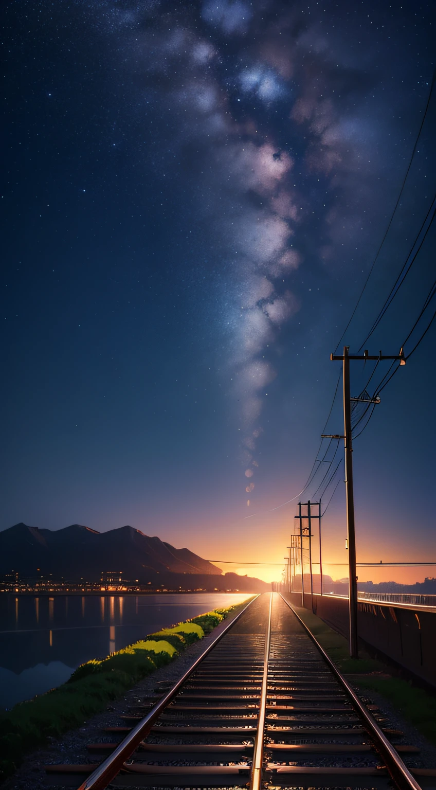 High quality masterpiece, landscape, anime train passing through bodies of water on tracks, bright starry sky. Romantic train, pixiv, concept art, lofi art style, reflection. by Makoto Shinkai, lofi art, Beautiful anime scene, Anime landscape, detailed scenery —width 672, in style of Makoto shinkai, style of Makoto shinkai, enhanced details.