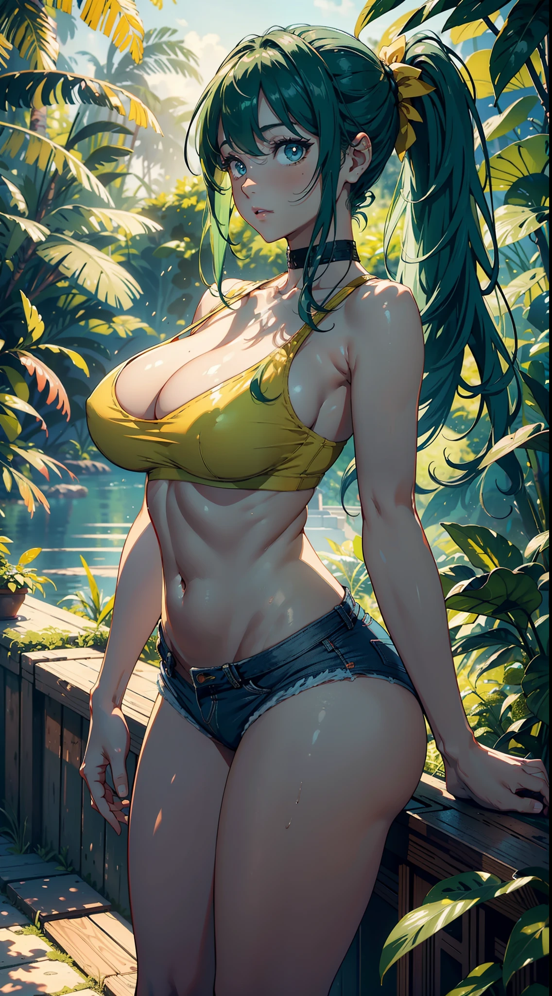 1female,head to thighs image scope, 25yo,熟妇,noodle,long legs,Big breasts Thin waist,the super hot and sexy,gigantic cleavage breasts,Pornographic exposure, 独奏,(Background with:ln the forest,the rainforest,in summer), green hair with pigtails hairstyle,brazilian blowout hair, standing on your feet, smooth skin, seen from the front, curlies, mostly cloudy sky,(((tmasterpiece),(Very detailed CG unity 8K wallpaper),best qualtiy,cinematic lighting,detailed back ground,beautiful detailed eyes,Bright pupils,(Very fine and beautiful),(Beautiful and detailed eye description),ultra - detailed,digital artistic masterpiece,)),facing at camera,A high resolution,ultra - detailed, Bulge,Camel toes,Raised sexy,Flushed complexion, frontage,(Wearing: yellow sports bra, Erotic denim shorts), foliage background
