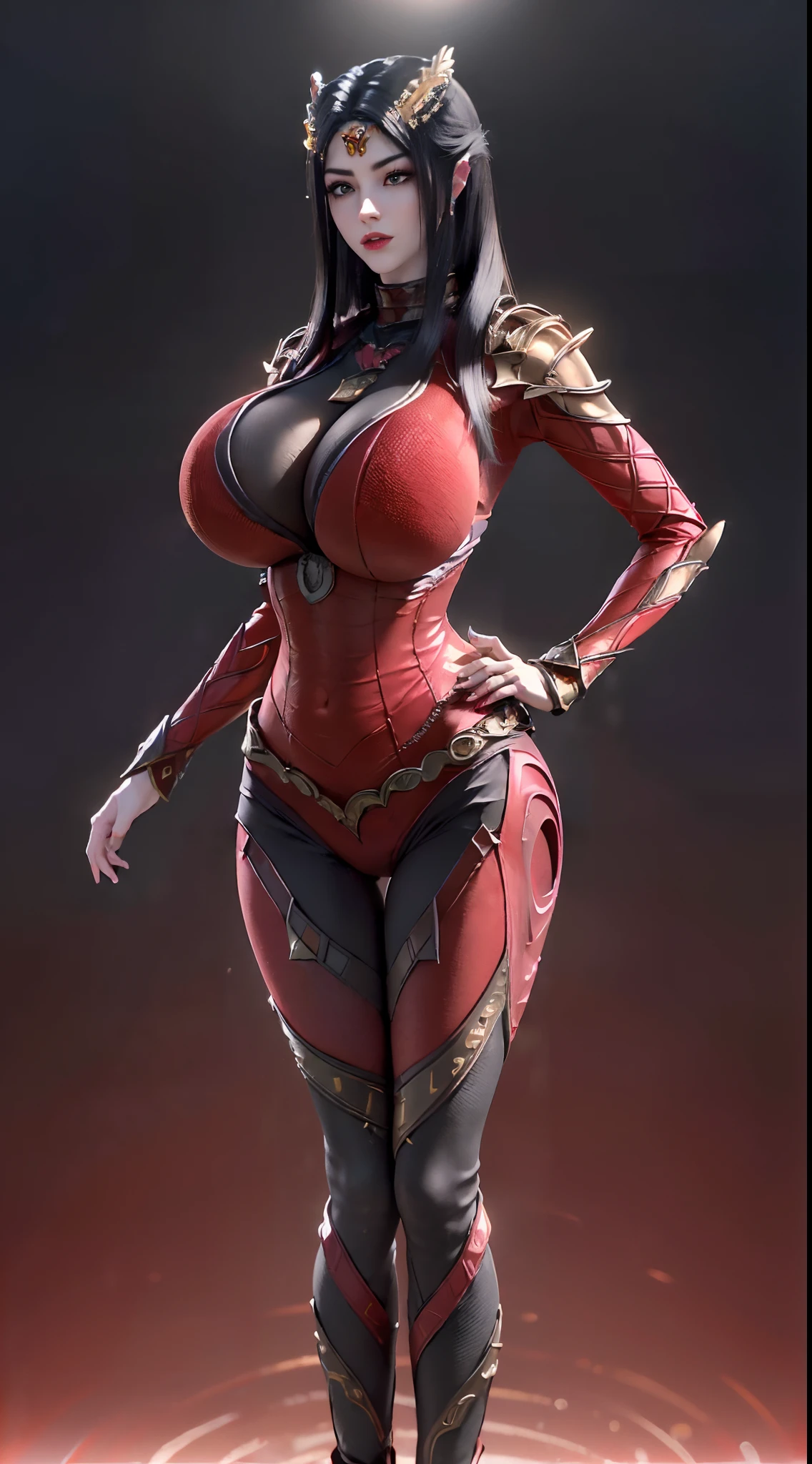 Solo, 1 Beautiful Female, Wuxia World, head ornament, (1 Girl), (full figure:1.5), (Full red golden Armor:1.4), (skintight leggings:1.5), (standing:1.3), (huge fake breasts, round breasts:1.5), (muscle abs:1.2), (black hair:1.5), (big buttock:1.1), (shiny skin:1.1), Chinese Immortal Wuxia, Lips, (jealous), Intellectual, Delicate Face, Masterpiece, Best Quality, High Quality, High Definition, High Quality Texture, High Quality Shadows, High Detail, Cinematic Light, Side Lighting, Ray Tracing, Sharp Focus, Realistic, Edge Light, (Detailed Skin Details: 1.2), 8k uhd, SLR, (soft light, high quality, high resolution:1.7), (very detailed CG unity 8k wallpaper)