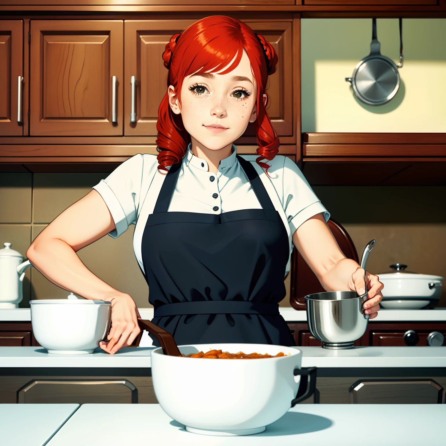 Close-up portrait of a girl, aprons,Kitchen, freckle, Flirting with camera