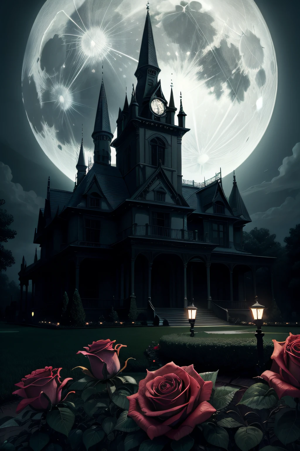 haunted mansion full moon night with rose garden