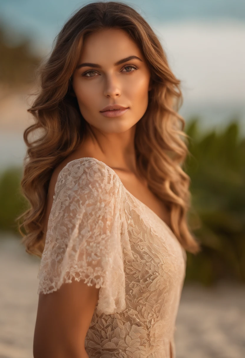 professional portrait photography of a beautiful Brazilian girl in summer dress with light brown wavy hair, round eye pupils, ((sultry and flirty look)), beautiful symmetrical face, no makeup, ((standing, outside on a tropical beach)), stunning setting Unique Modern Natural, Ultra-Realistic, Concept Art, Elegant, Highly Detailed, Intricate, Sharp Focus, Depth of Field, f/1. 8.85mm, medium shot, (centered image composition), (professional color grading), ((bright soft diffused light)), volumetric fog, instagram trending, tumblr trending, hdr 4k, 8k