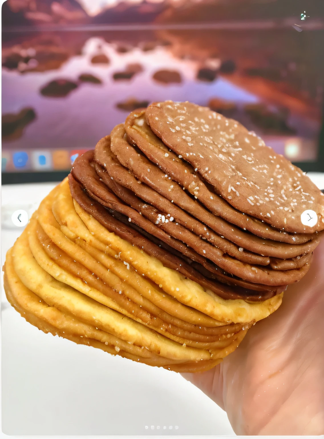 Someone is holding a bunch of cookies in front of the computer, 🥥 🍕 blend, Stacked, super realistic food picture, Tyrokis, Sharp Images, stacked image, many golden layers, luscious patty with sesame seeds, bruegels the tower of babel, crispy quality, 😭 🤮 💕 🎀, award - winning crisp details, hasselblatt