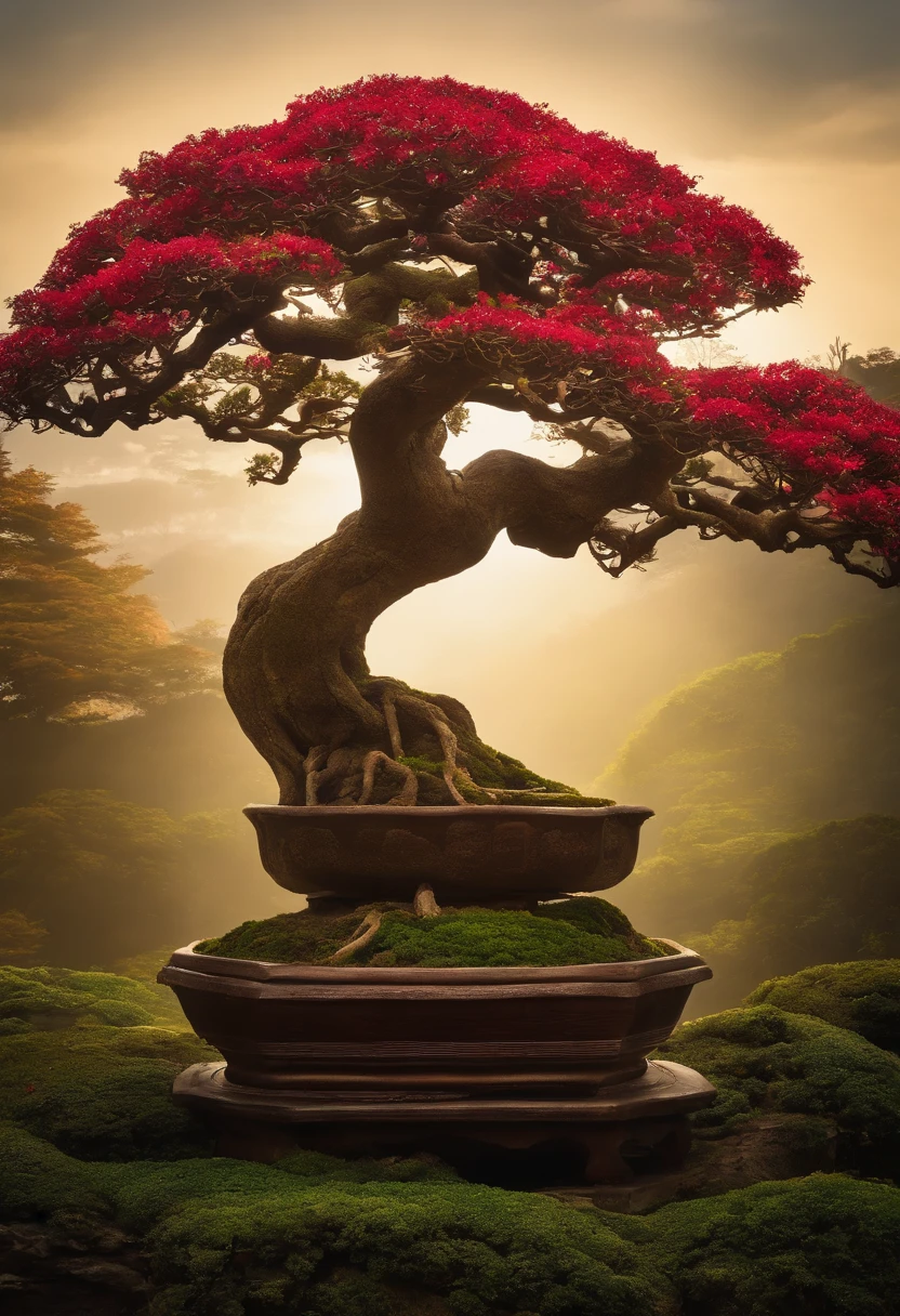 A tree with a sign that says Caldas Bonsai, bonsai, feito de bonsai, inspirado em Yoshida Hanbei,inspired by Óscar Domínguez, Arte conceitual 2022,