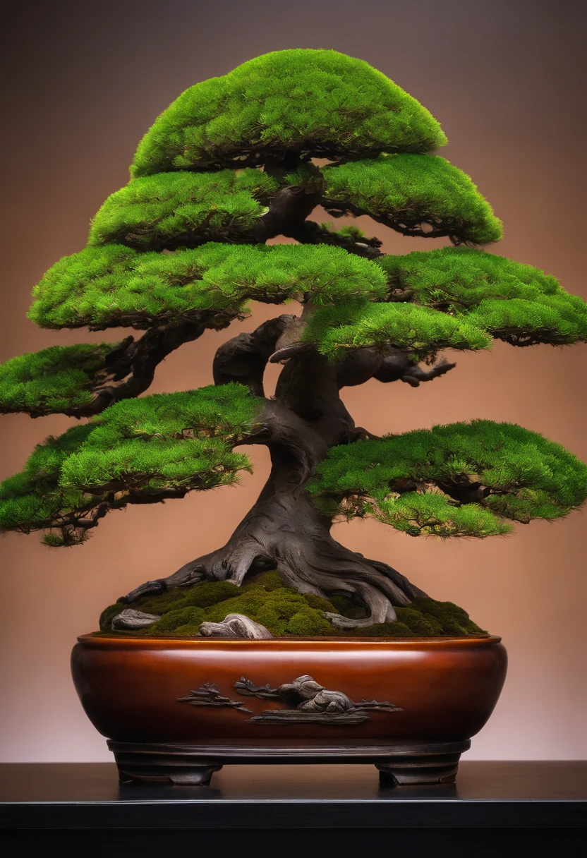 (Best Quality, tmasterpiece: 1.1), illustartion, Beautiful bonsai in a carved planter, Complicated details, chilling, excitement, Hyper-realistic, insanely detailed, ((Kazuo Oga Style, John James Audubon)), --AR 3:4 --s 750