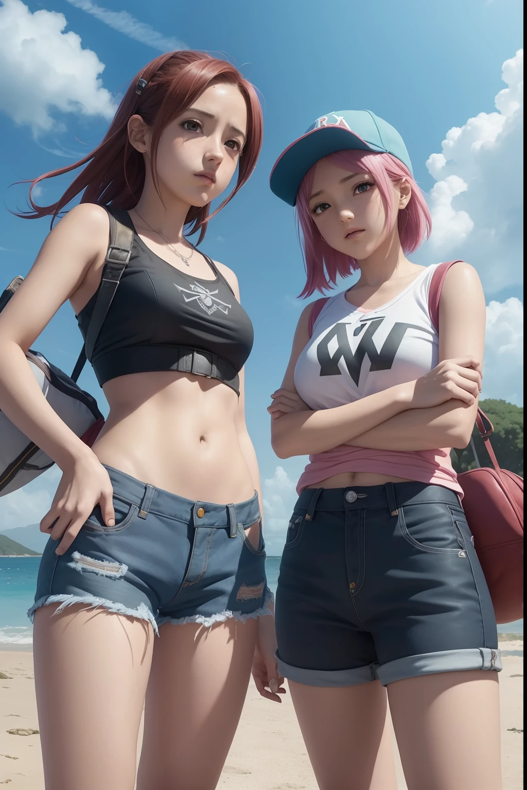2 chicas, un par de chicas anime paradas una al lado de la otra, digimon key art, render naughty dog, veleros, anime 2019, Epic album cover, abismo, ropa casual de verano, makoto, piratas, Aesthetics 90 s, color page, Final fantasy, verano cielo despejado