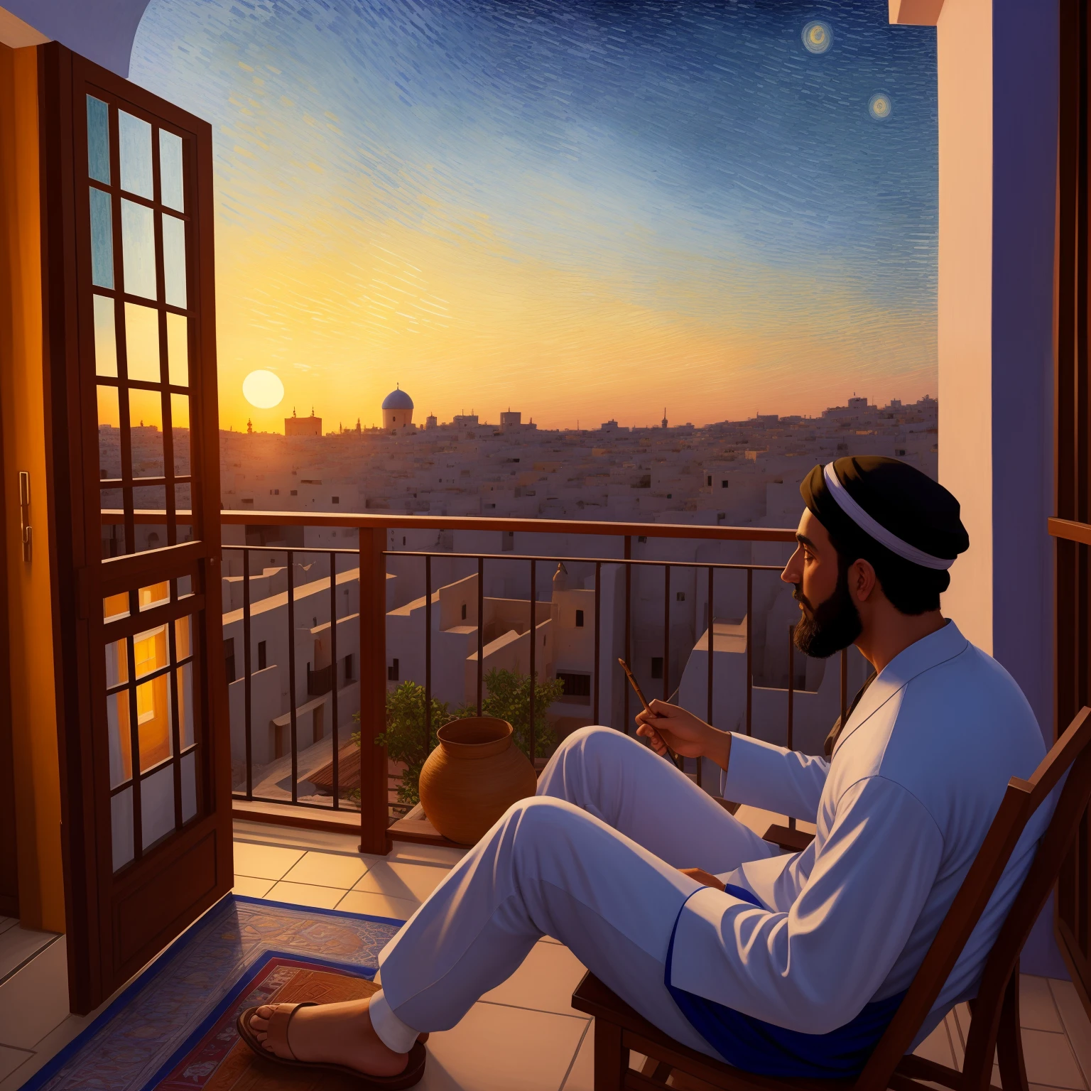 Sephardic Jew playing Qanun on his balcony looking at the sunset. Van Gogh Art Style