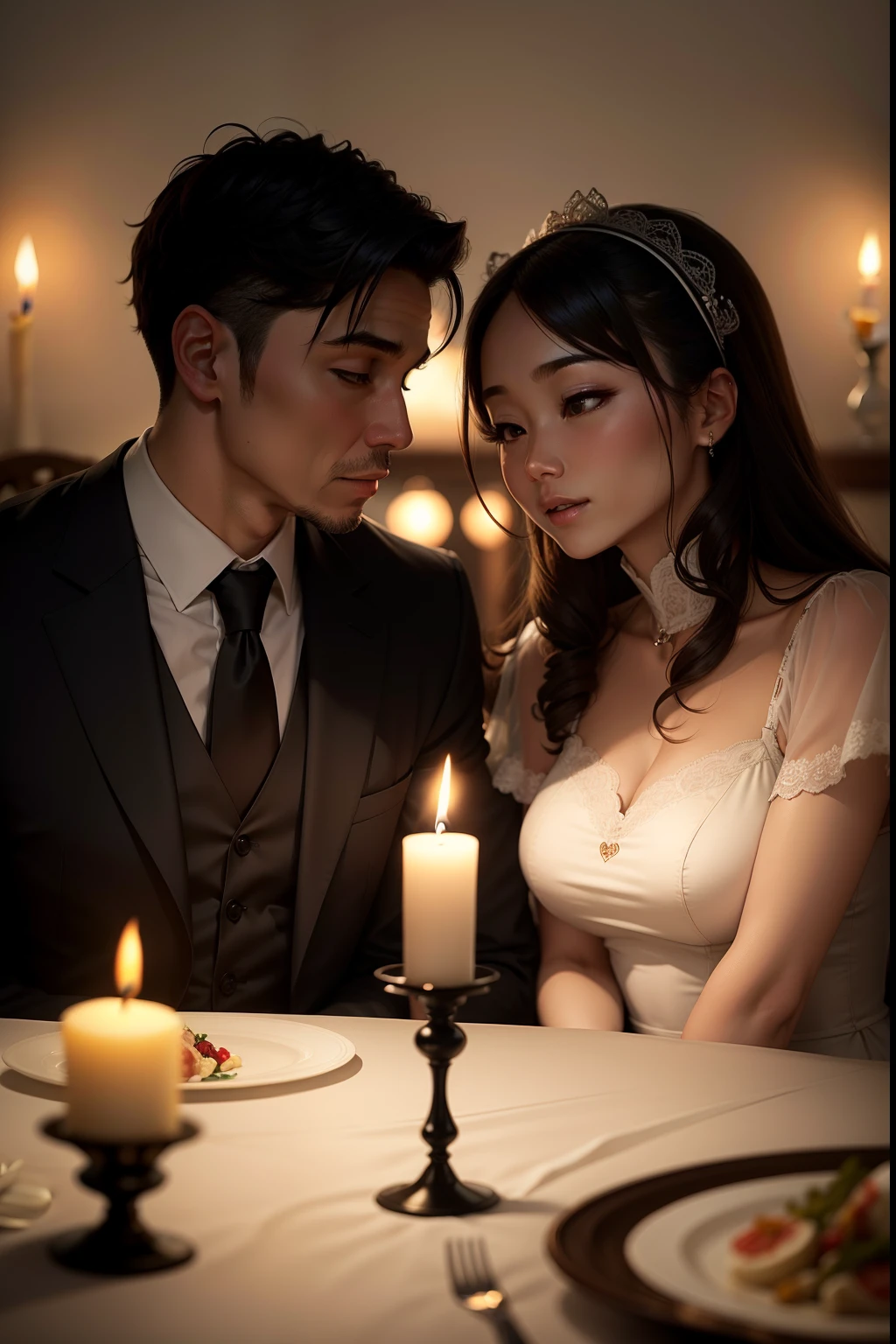 husband and wife，Candlelit dinner，There is love between husband and wife，The picture is warm。